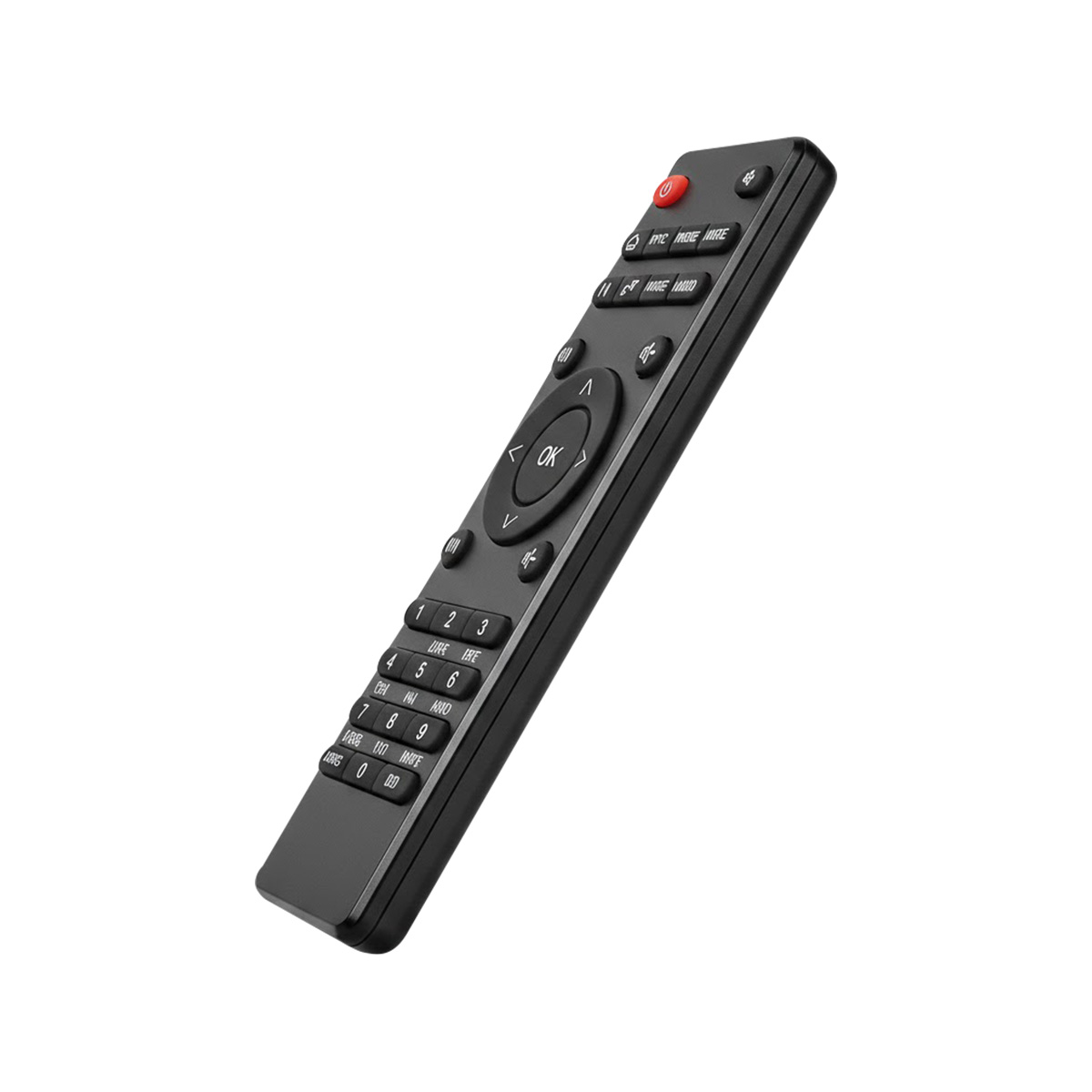 Czarny pilot z klawiszami numerycznymi, panelem nawigacyjnym i czerwonym przyciskiem zasilania.