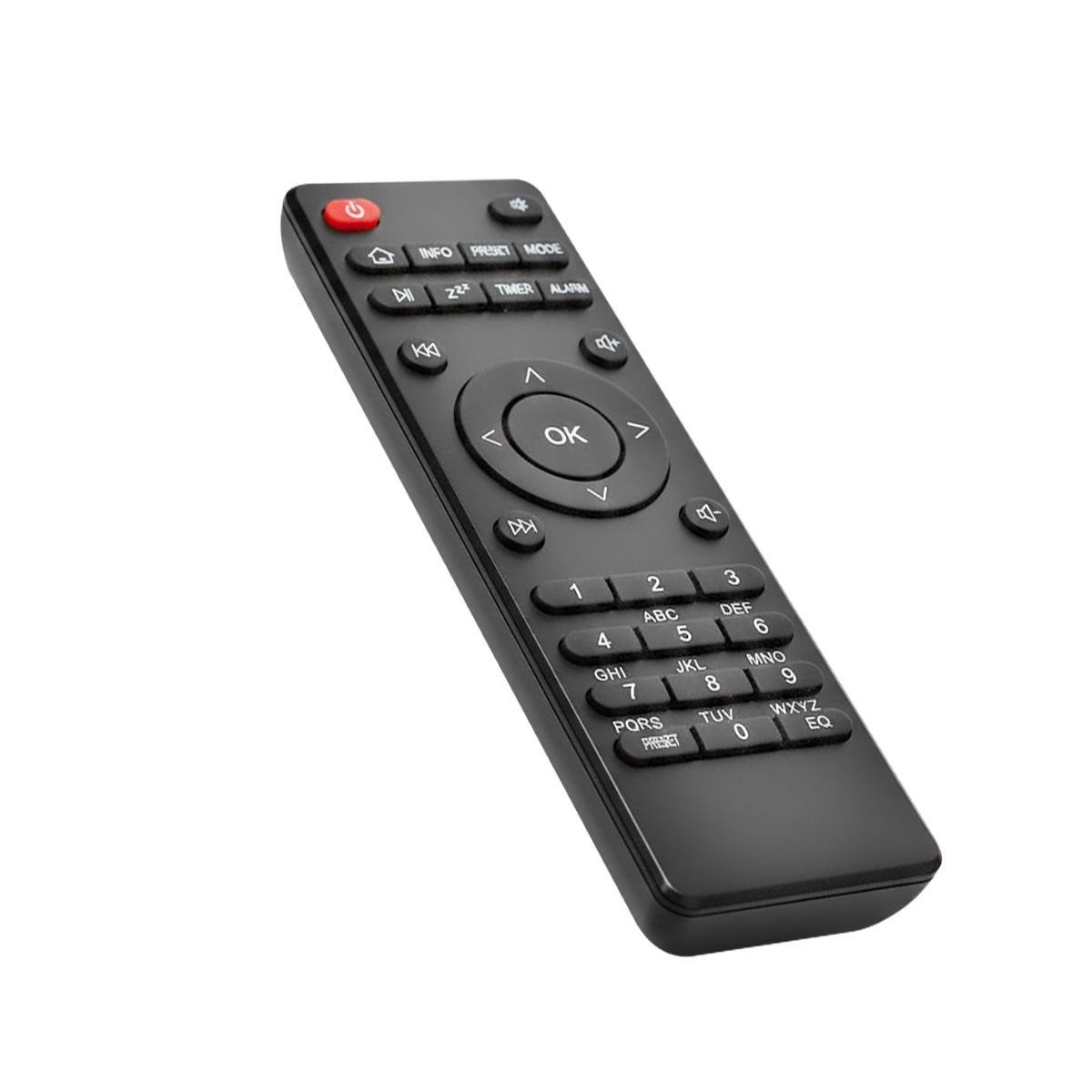 Czarny pilot z czerwonym przyciskiem zasilania i przyciskami.