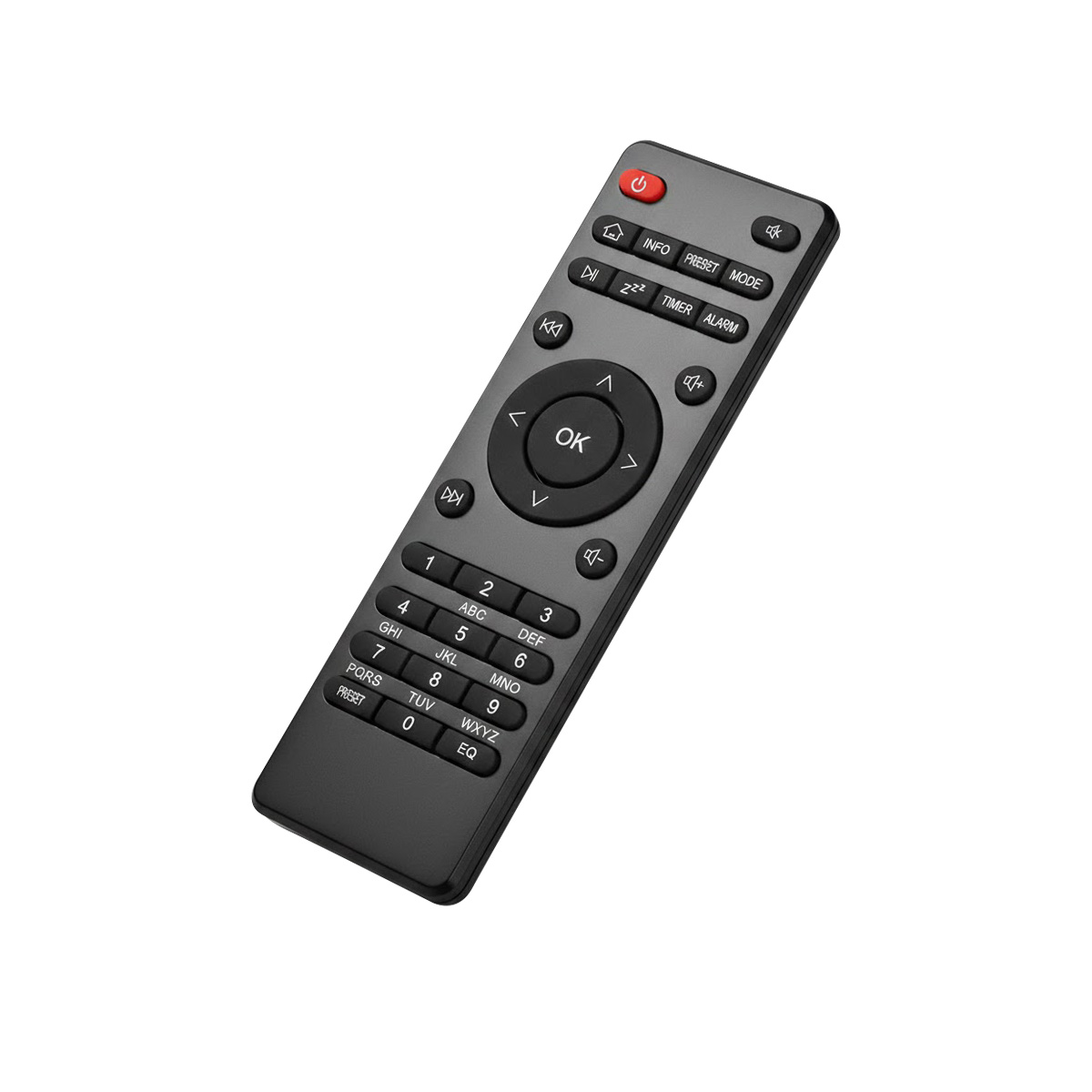 Szary pilot zdalnego sterowania z przyciskami, w tym czerwonym przyciskiem zasilania.