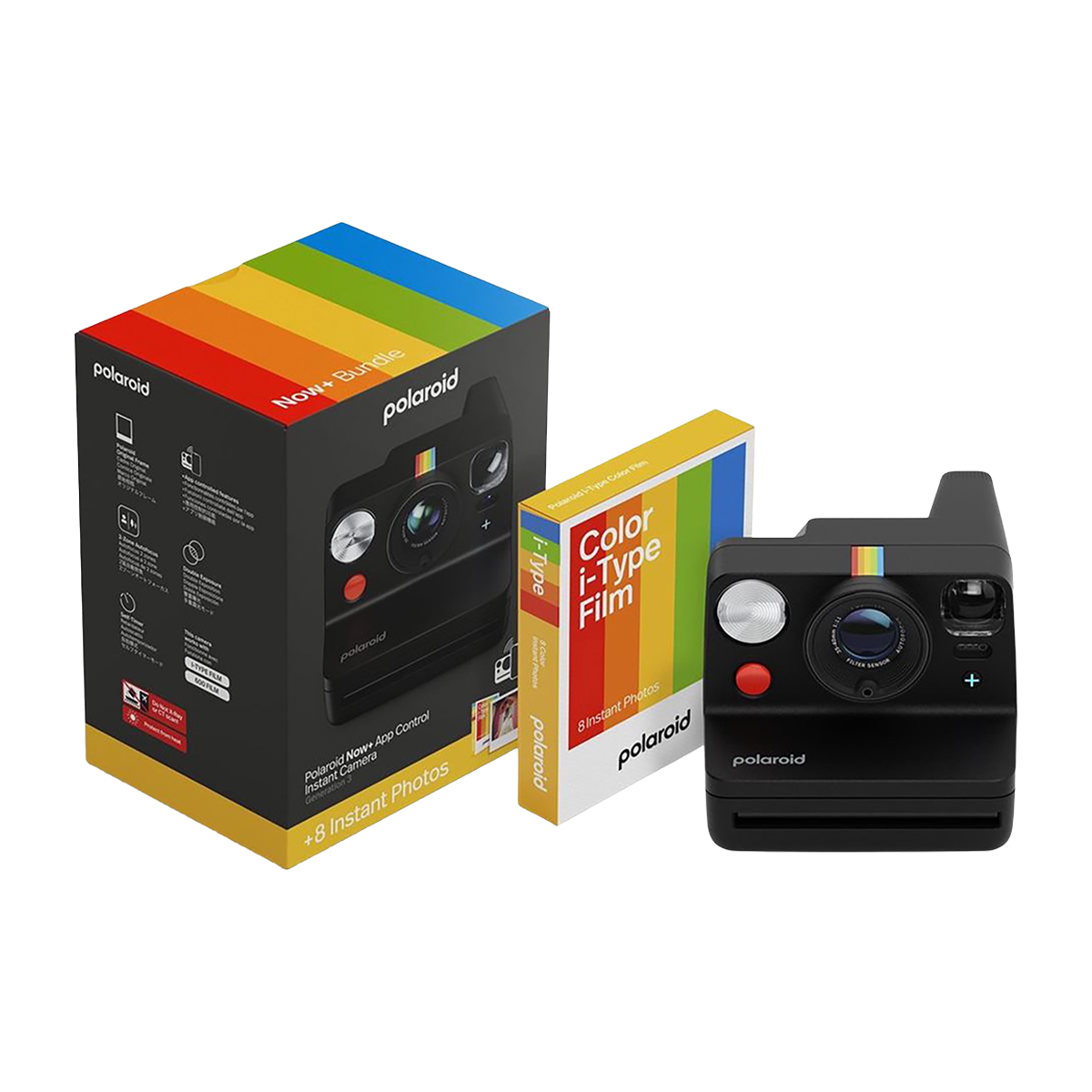 Appareil photo instantané Polaroid avec paquet de film et boîte colorée sur fond blanc.
