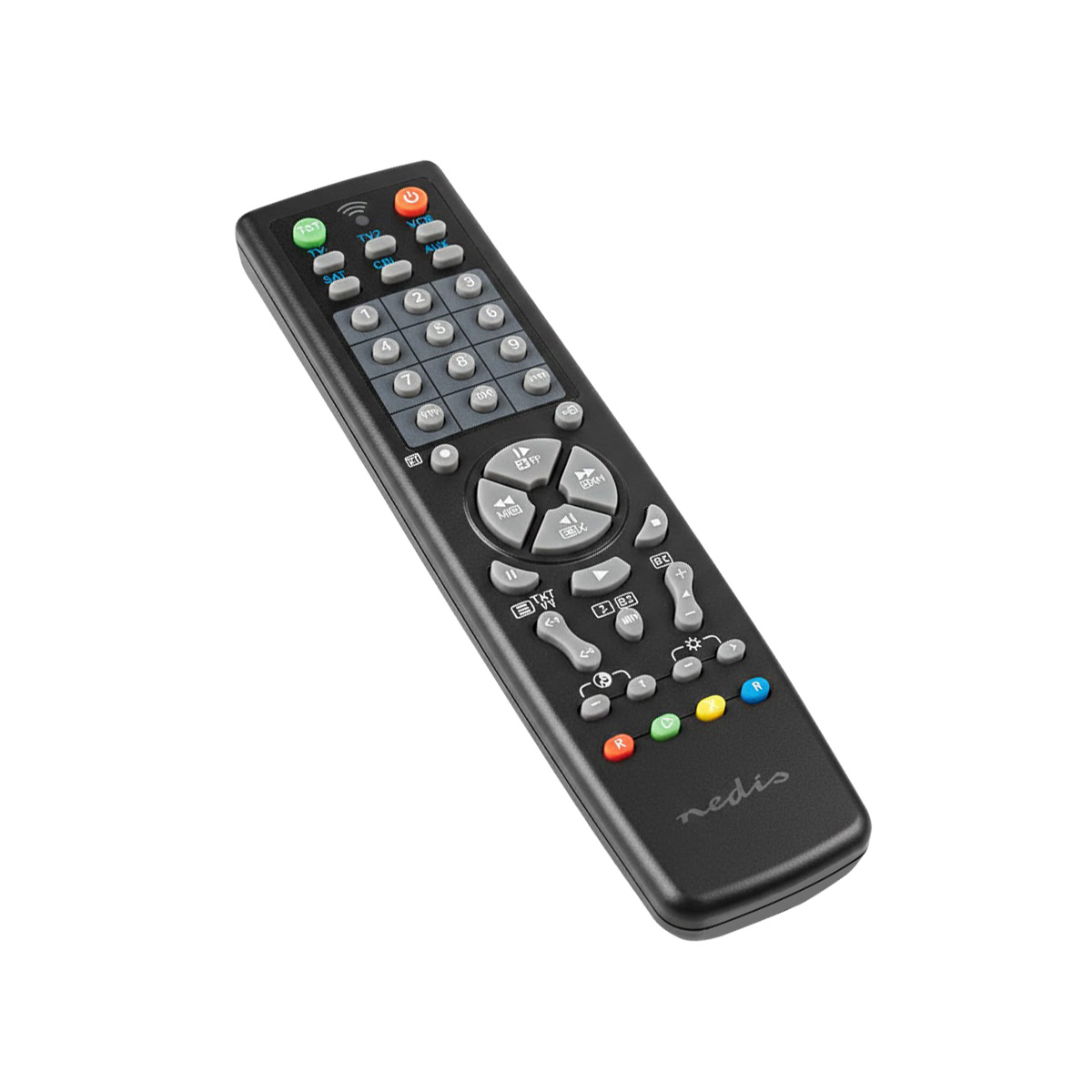 Czarny pilot z przyciskami i logo Nedis na białym tle.