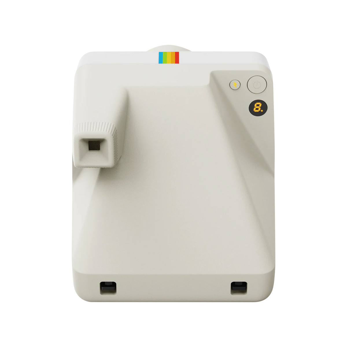 Un appareil photo Polaroid blanc avec logo arc-en-ciel en haut et écran numérique.