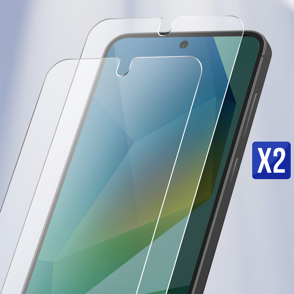 Twee screenprotectors liggen over een smartphone-scherm.