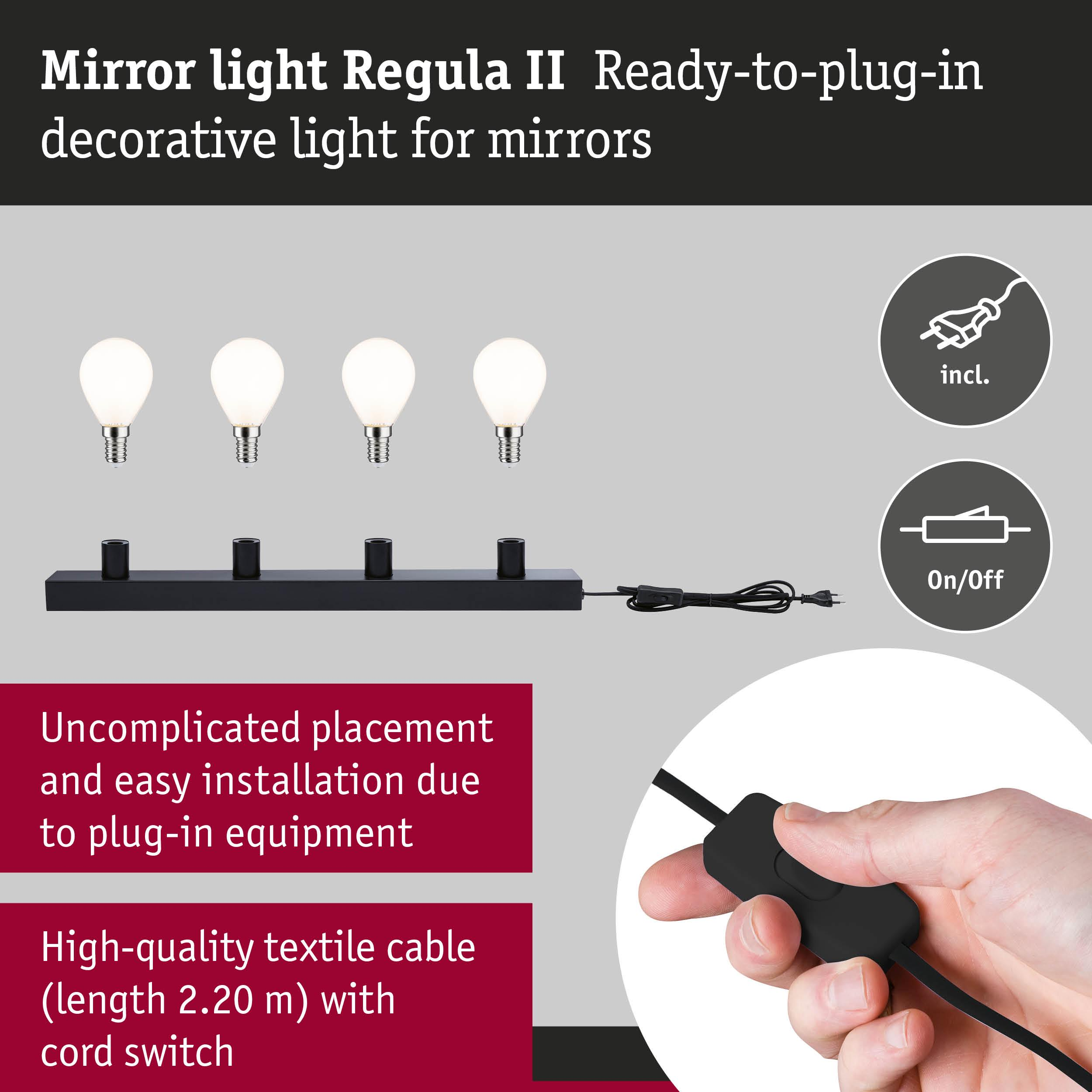 Lampka lustrzana z czterema żarówkami, czarnym kablem i przełącznikiem.