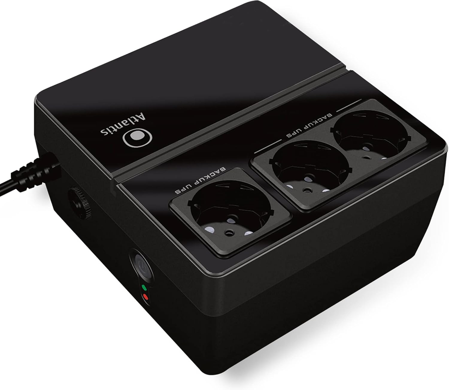 UPS di backup Atlantis nero con due prese europee e cavo di alimentazione.