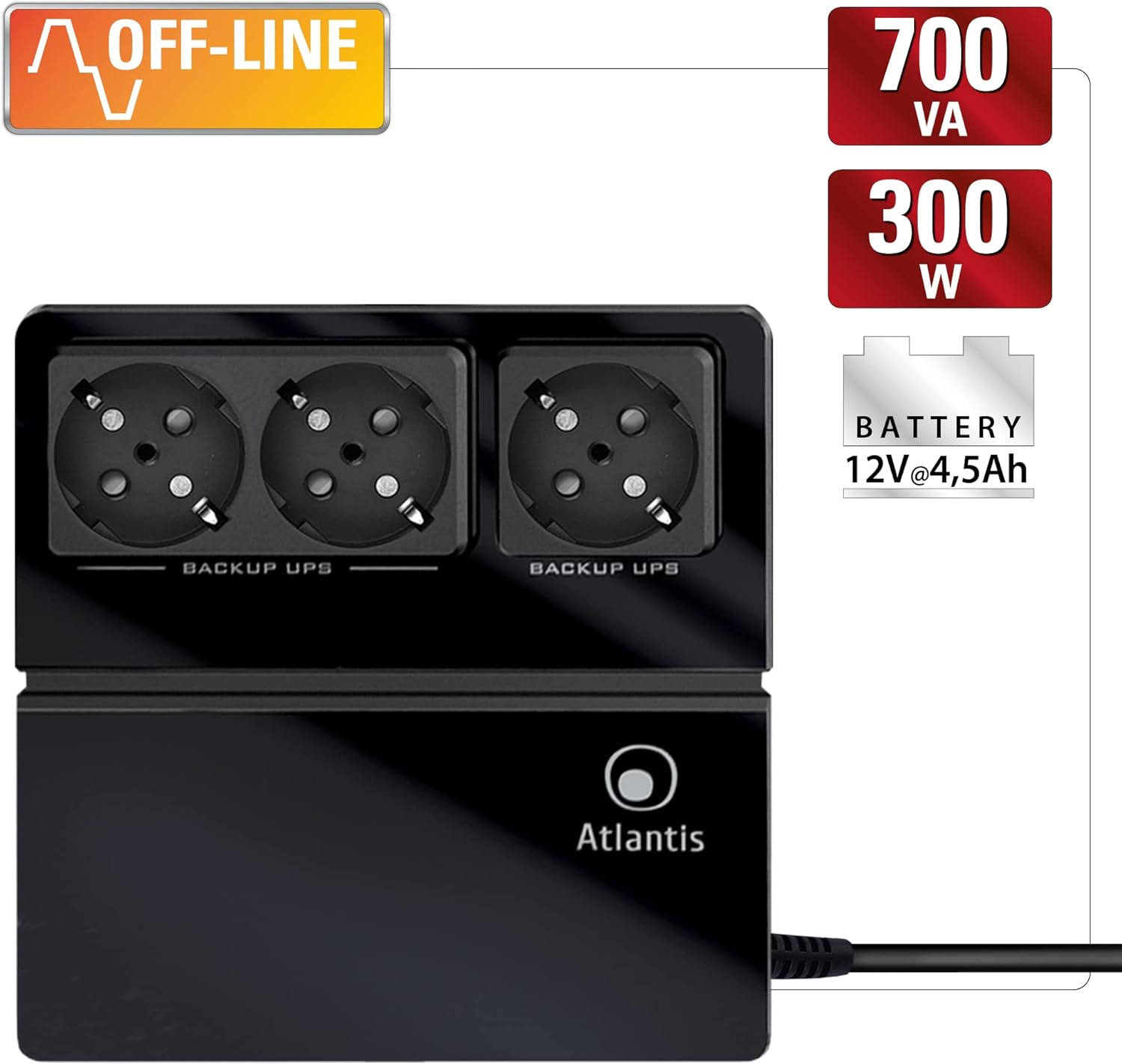 Gruppo di continuità Atlantis nero 2 prese, 700VA/300W, batteria 12V.