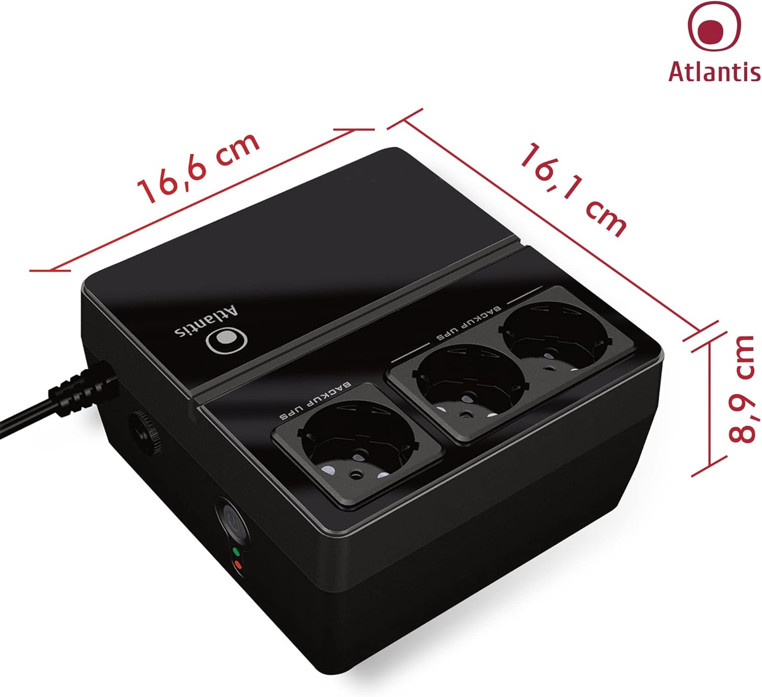 UPS Atlantis nero misura 16,6x16,1x8,9 cm con tre prese.