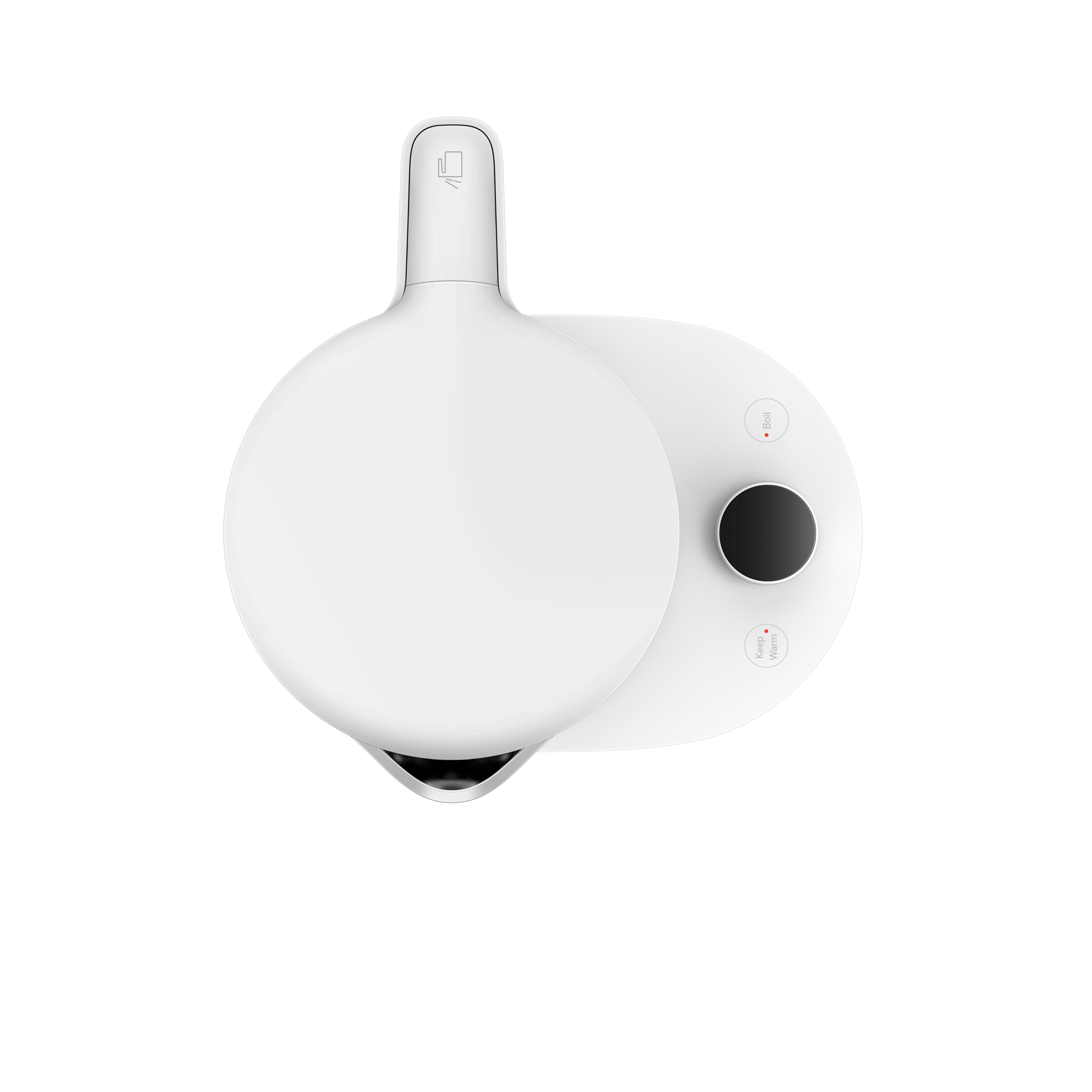 Biały czajnik z czarnym pokrętłem i oznaczeniami 'Boil'/'Keep Warm'.
