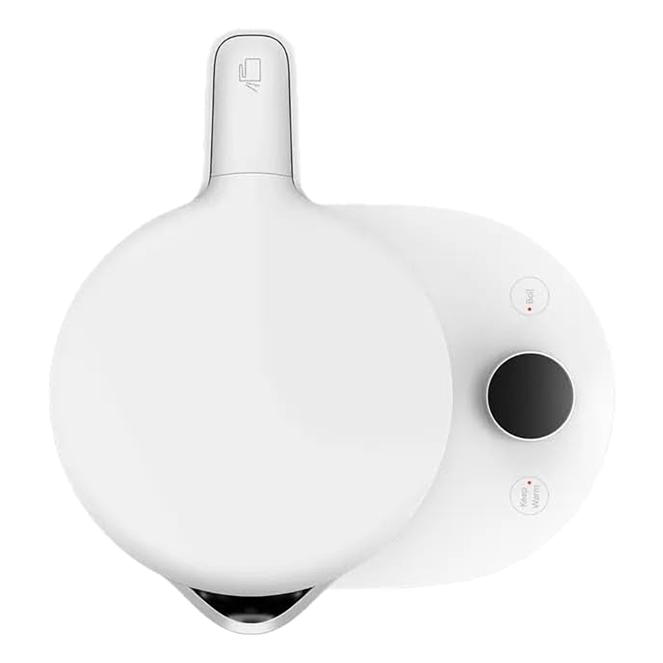 Biay czajnik z okrgym korpusem i czarnym pokrtem.