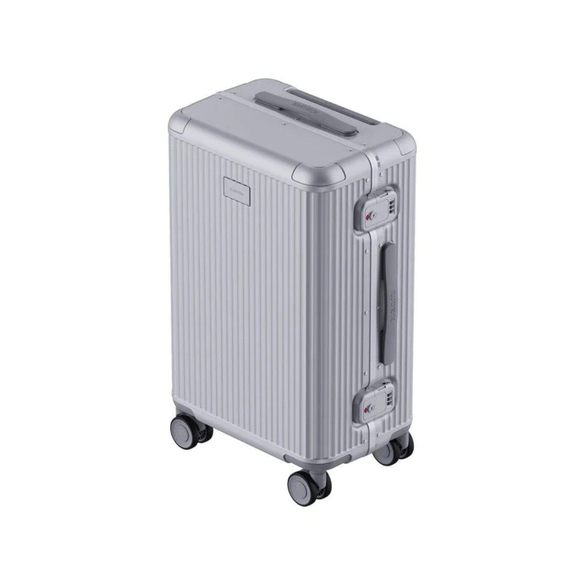 Un trolley portabagagli argentato a quattro ruote con serrature integrate.