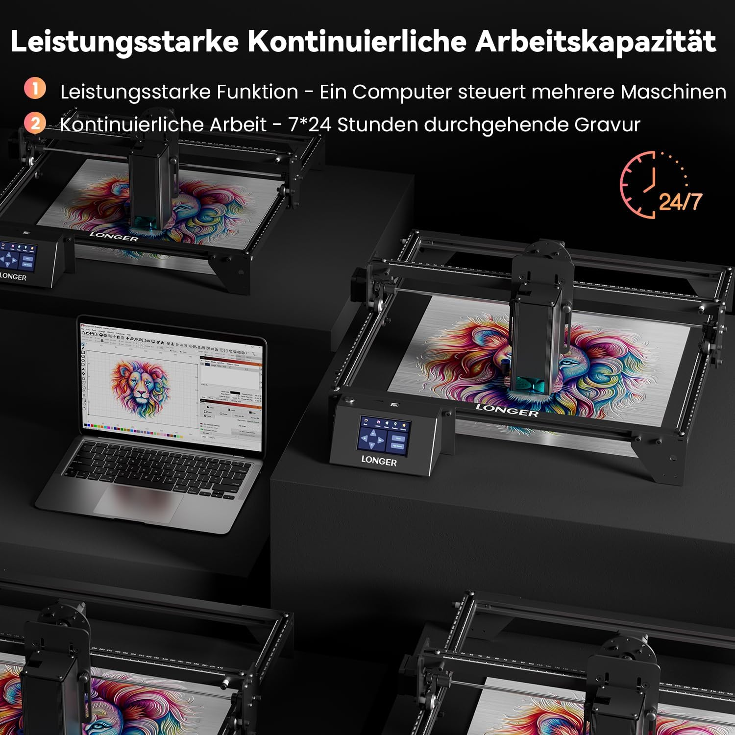Mehrere Laser-Gravurmaschinen mit bunter Löwenkunst. Ein Laptop zeigt die Software an.