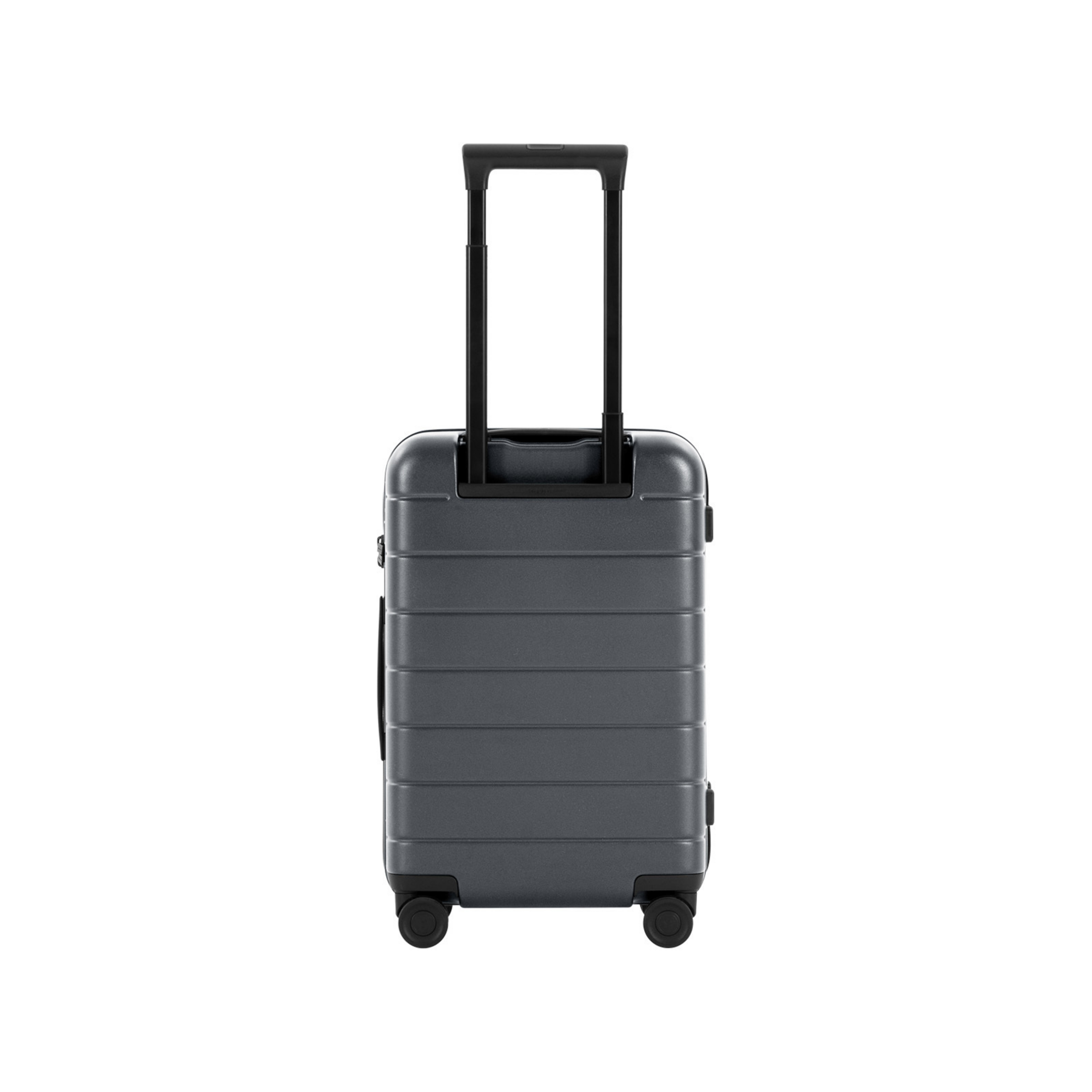 Une valise grise à roulettes avec une poignée extensible et quatre roues.