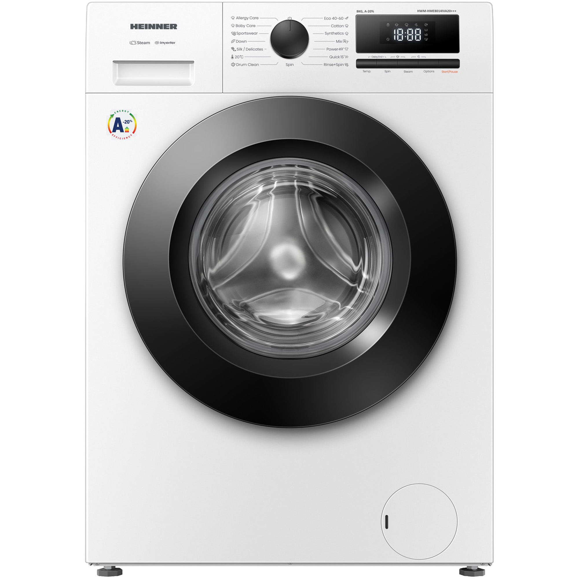 Weiße Waschmaschine mit schwarzer Tür und Display. Energieeffizienz A+++