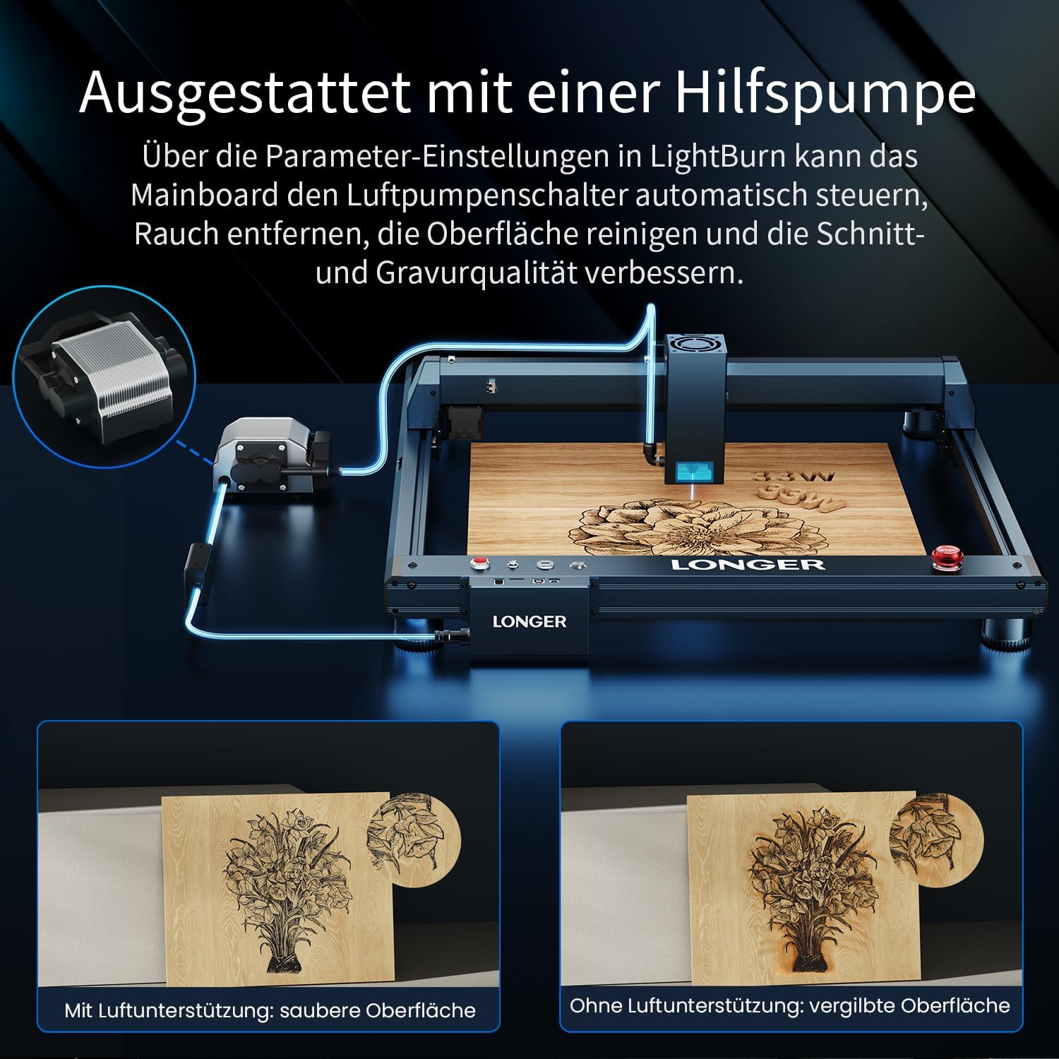 Lasergravierer mit Luftunterstützung zeigt saubere vs. vergilbte Oberfläche.