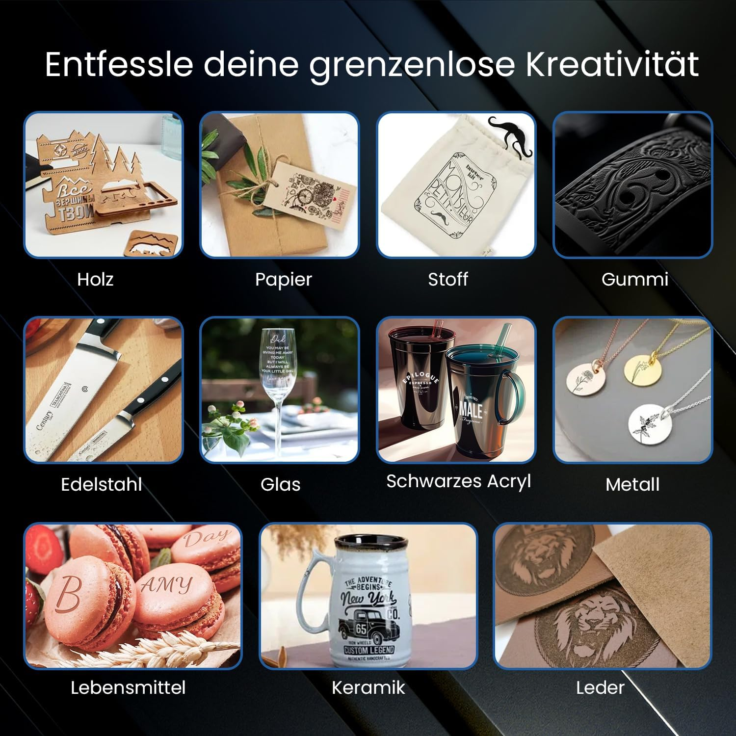 Hölzerne Deko, Papier, Stoffbeutel, Gummiband, Messer, Weinglas, Becher und Halsketten.