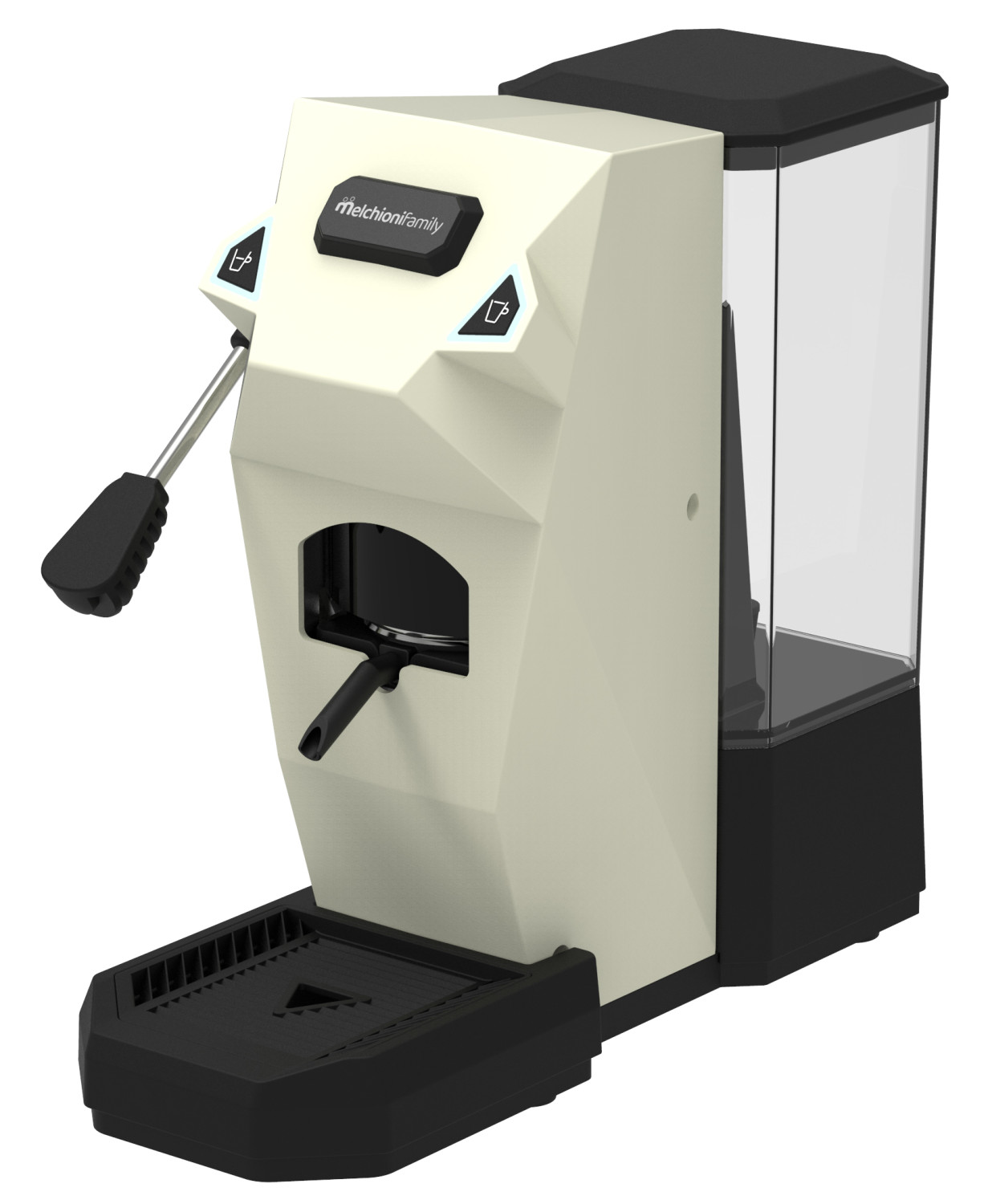 Eine cremefarbene Kaffeemaschine mit schwarzem Wassertank und Tropfschale.