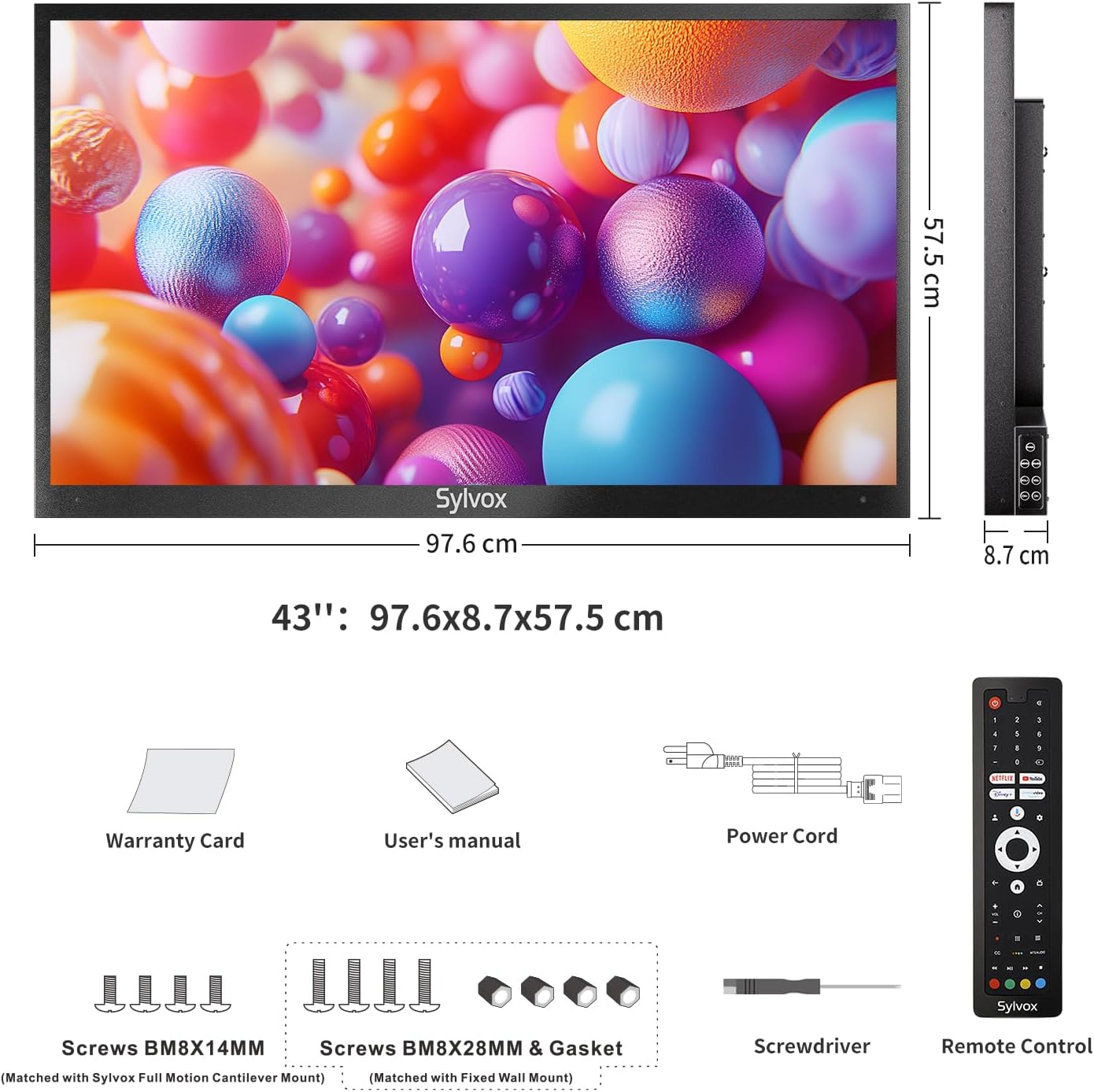 43-Zoll-Fernseher mit farbigem abstraktem Hintergrund, Abmessungen, Fernbedienung und Zubehör.