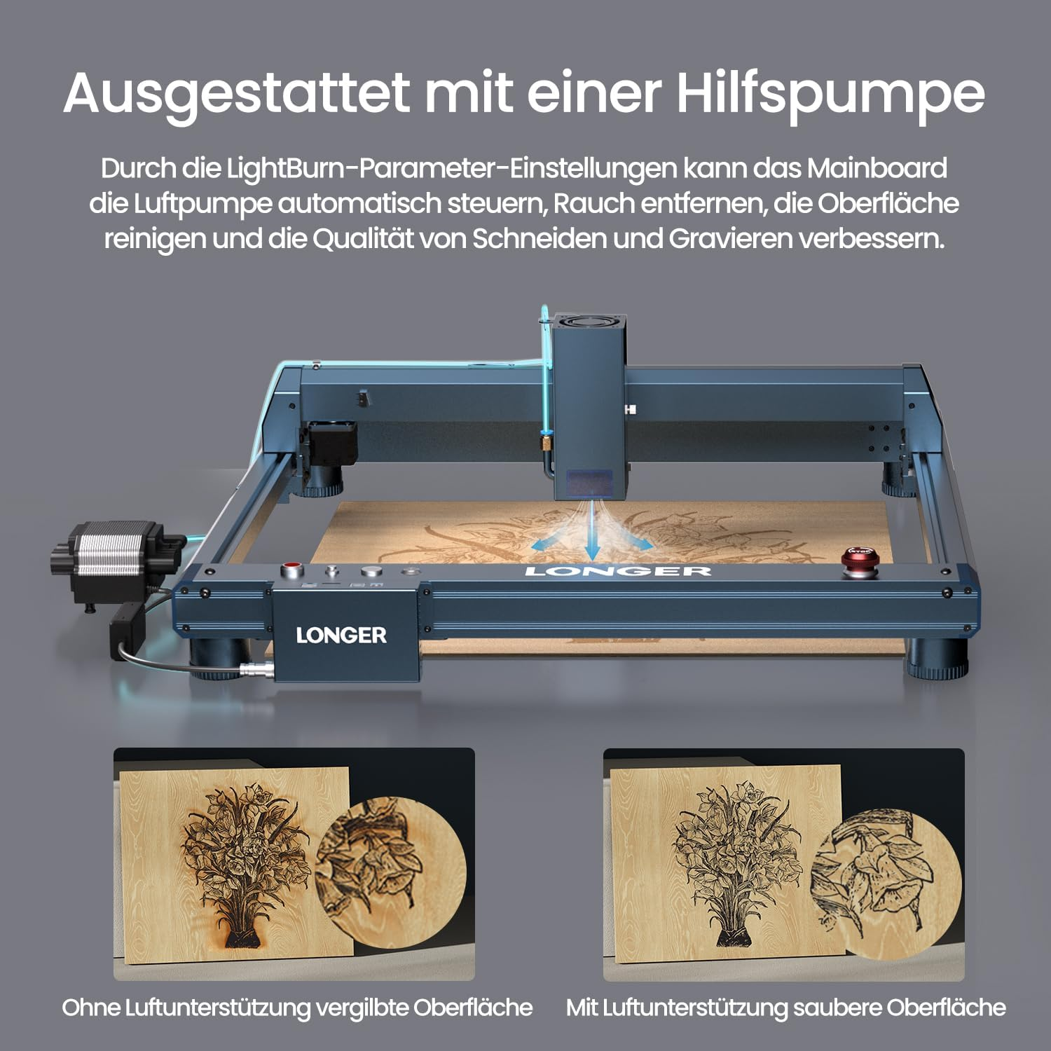 Lasergravurmaschine mit Luftunterstützung, zeigt Gravuren mit und ohne Luft.