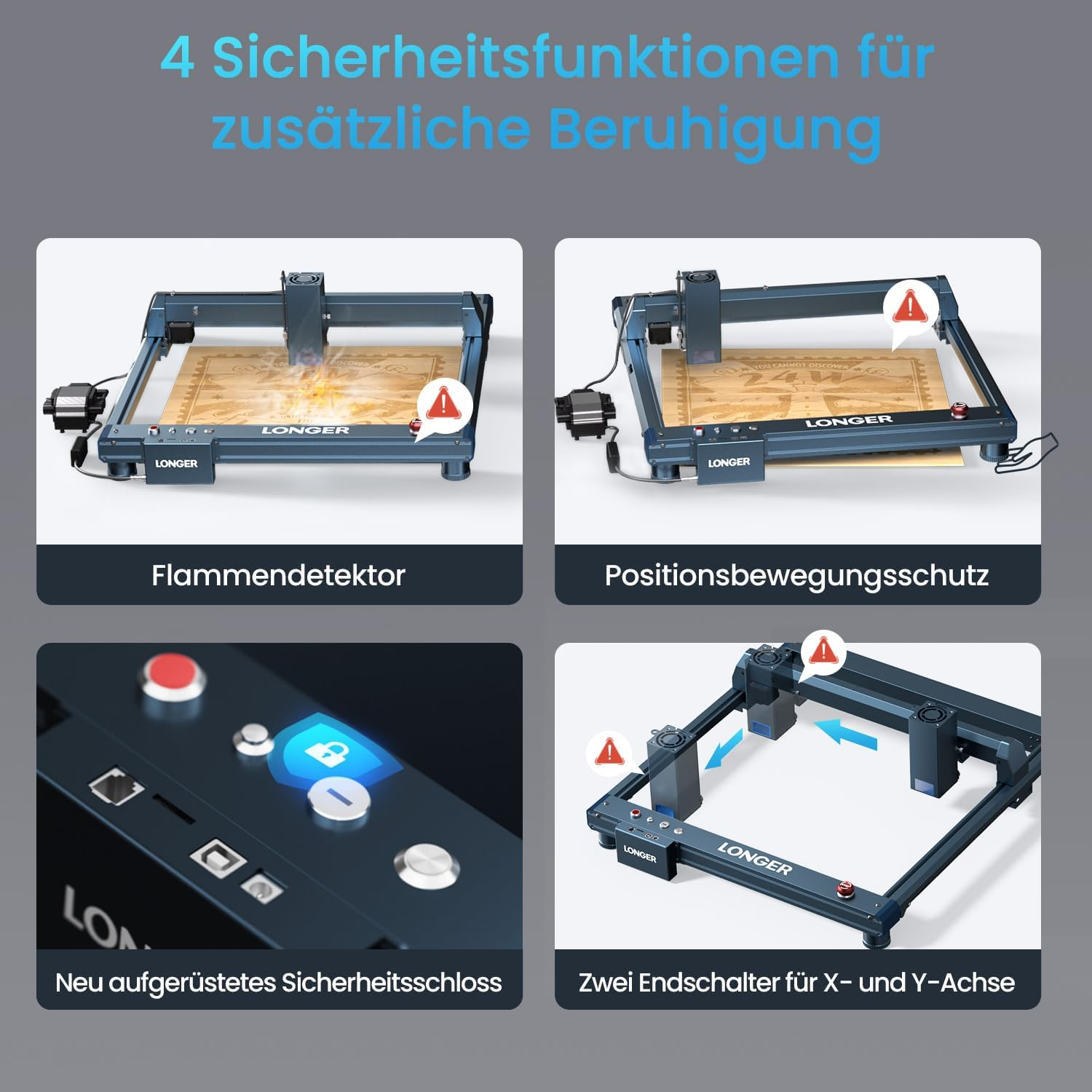 Lasergravierer mit 4 Sicherheitsmerkmalen: Flammenmelder, Positionsüberwachung, Sicherheitsschloss, Endschalter.
