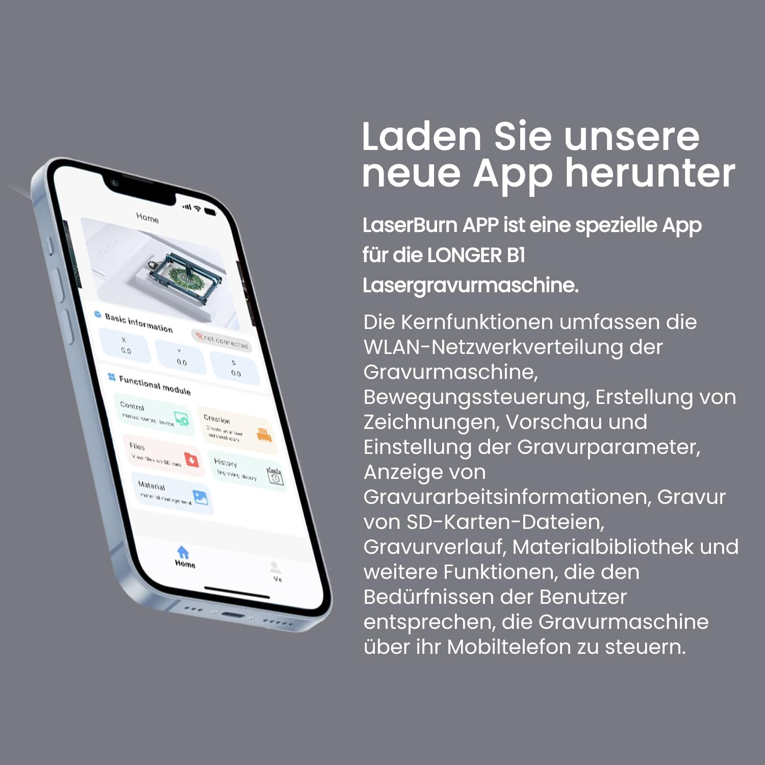 Ein Smartphone zeigt eine App zur Steuerung einer Lasergravurmaschine an.