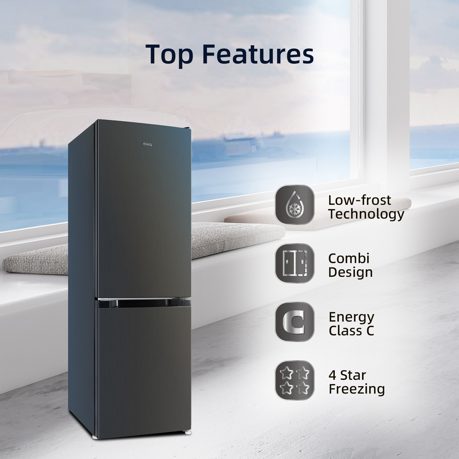 Schwarzer Kühlschrank mit Low-Frost, Combi-Design, Energie C & 4-Sterne-Gefrierfunktion.