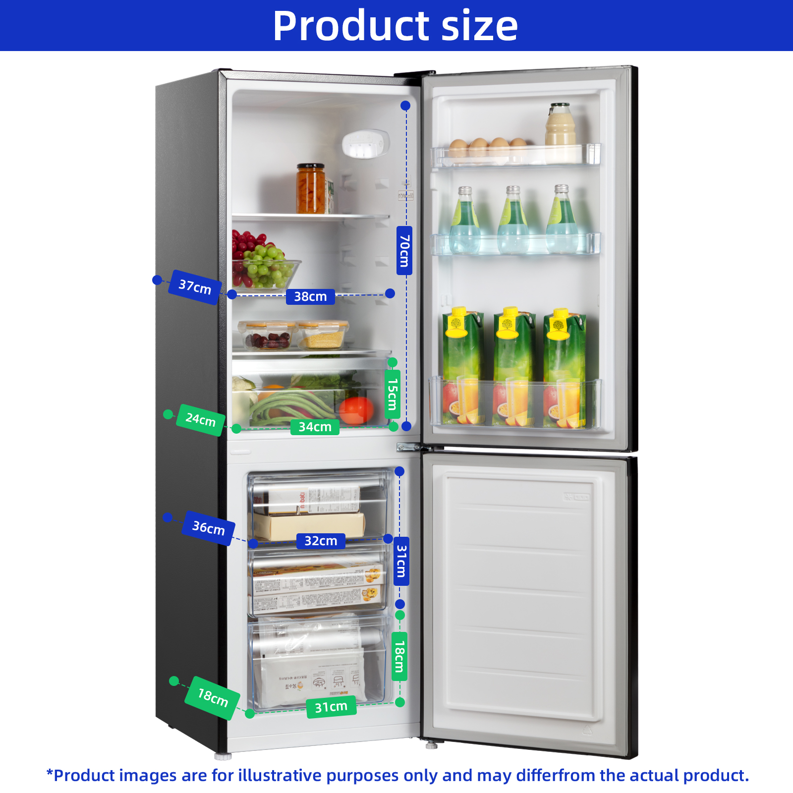 Un réfrigérateur ouvert montrant des aliments et des dimensions.