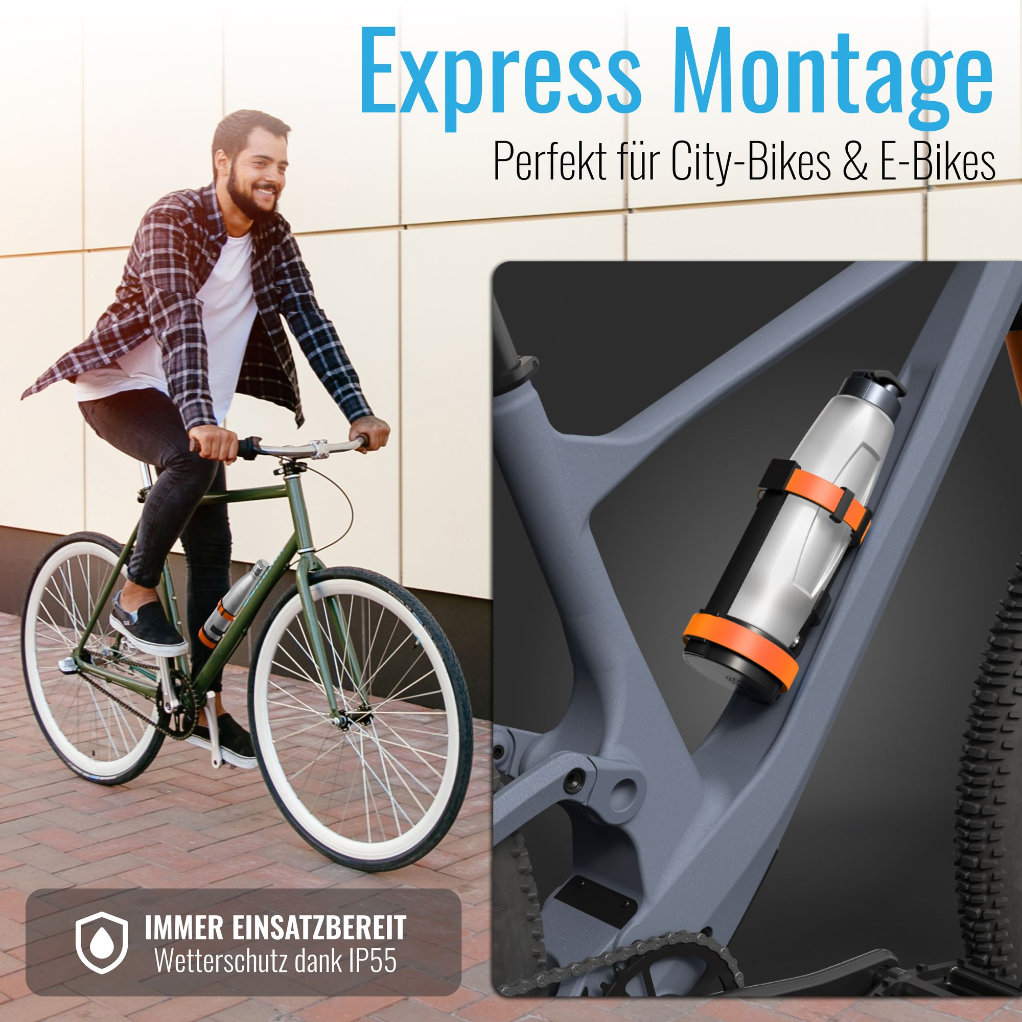 Mann fährt Fahrrad mit Flaschenhalter; Nahaufnahme des Rahmens mit Flasche.