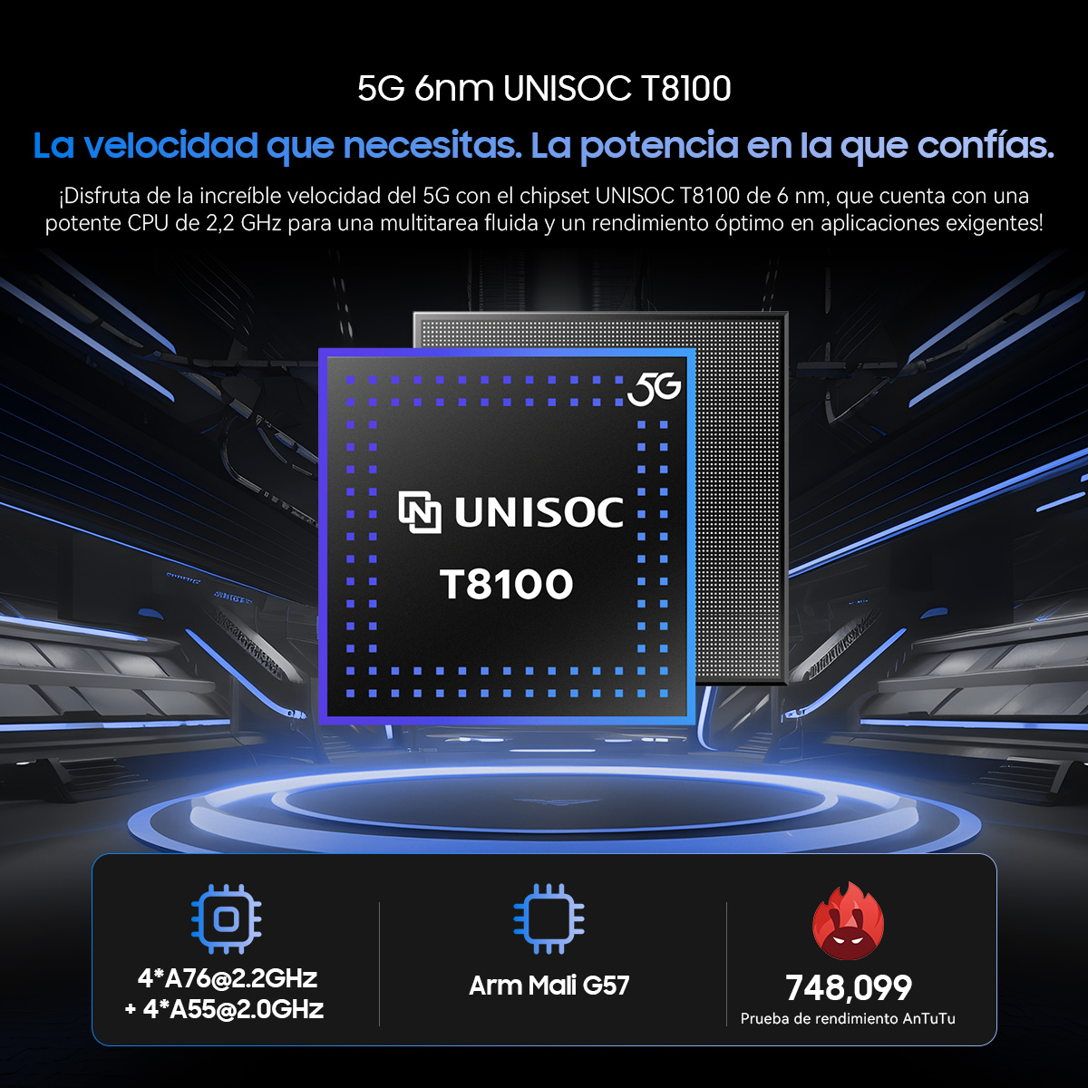 Chip UNISOC T8100 con 5G, 4x A76, 4x A55, Arm Mali G57, AnTuTu 748.099.