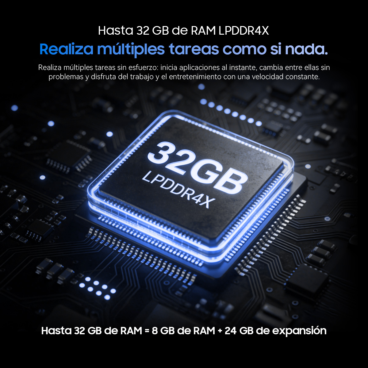 Un chip RAM LPDDR4X de 32 GB en una placa de circuito, iluminado en azul.