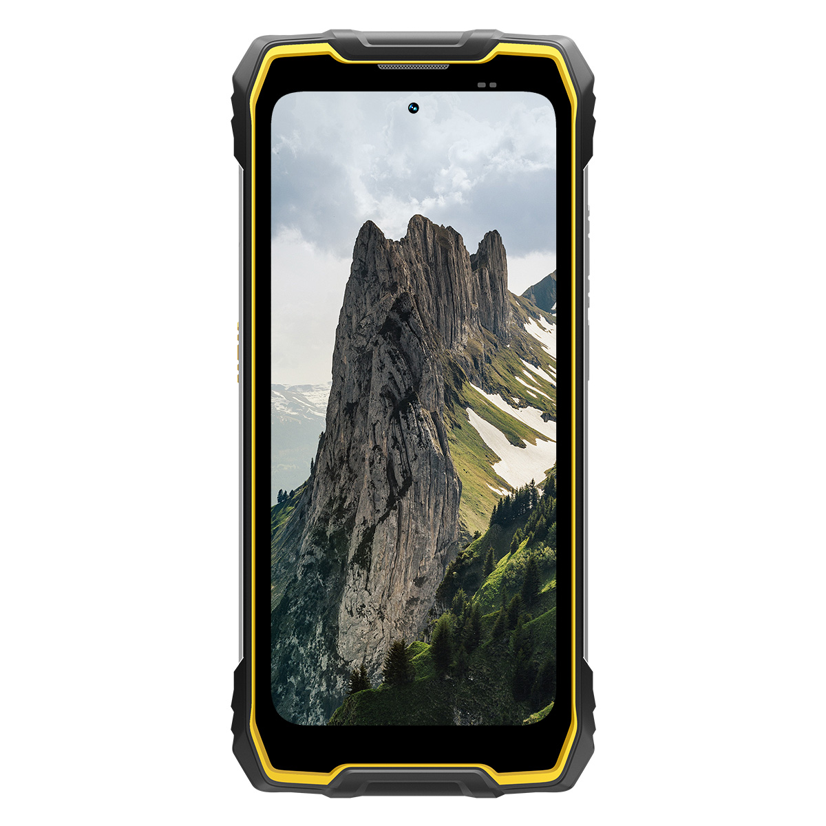 Teléfono robusto con marco amarillo muestra paisaje montañoso.