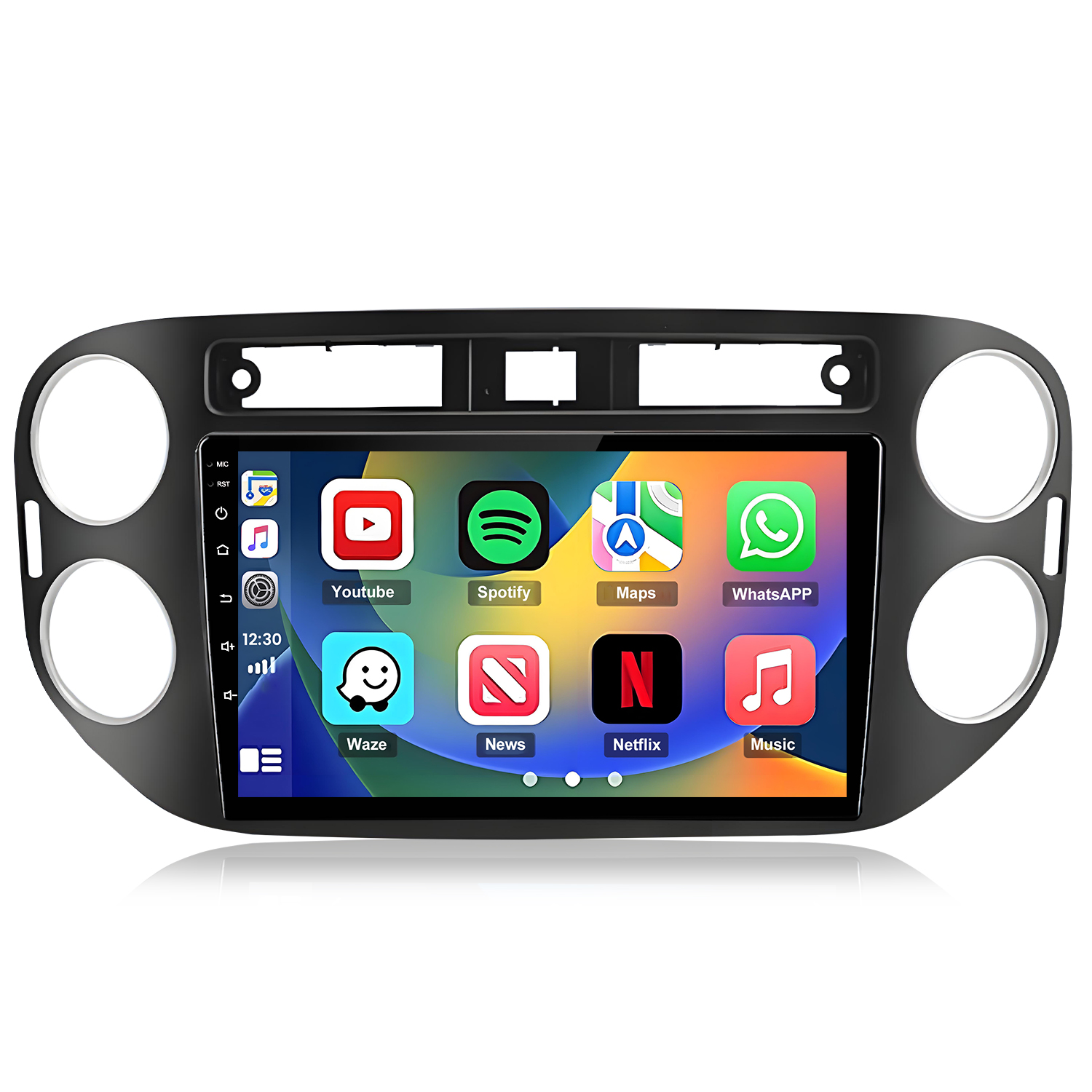 Un sistema di infotainment per auto con touchscreen mostra icone di app come YouTube, Spotify e Netflix.
