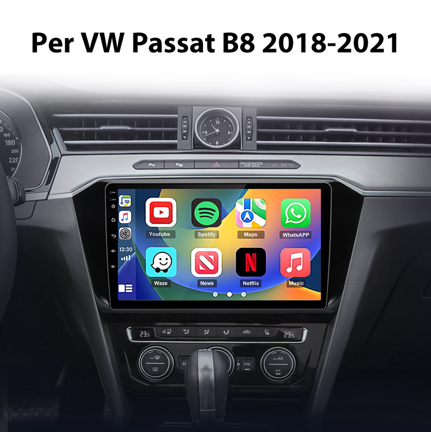 Schermo infotainment VW Passat B8 con icone app: Youtube, Spotify, Maps, WhatsApp, Waze, News, Netflix, Musica.