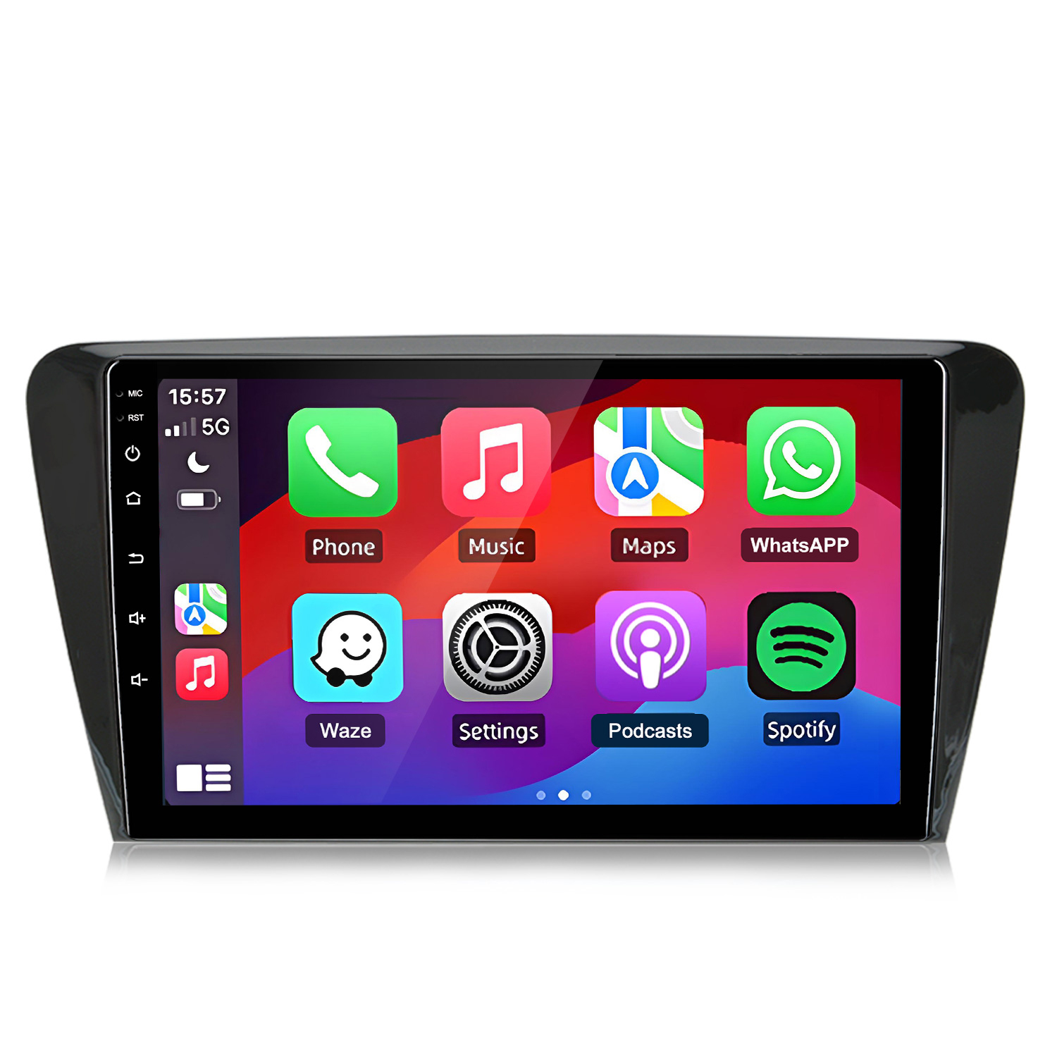 Touchscreen autoradio con icone app: Telefono, Musica, Mappe, WhatsApp.
