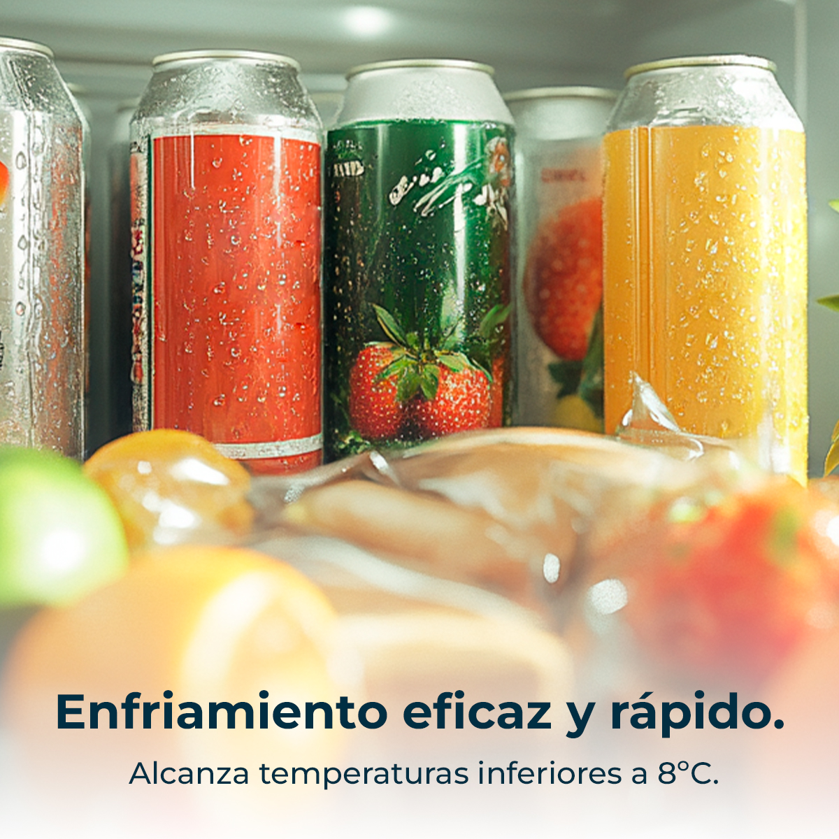 Varias latas de bebida, incluyendo latas de fresa, naranja y roja, dentro de un refrigerador.