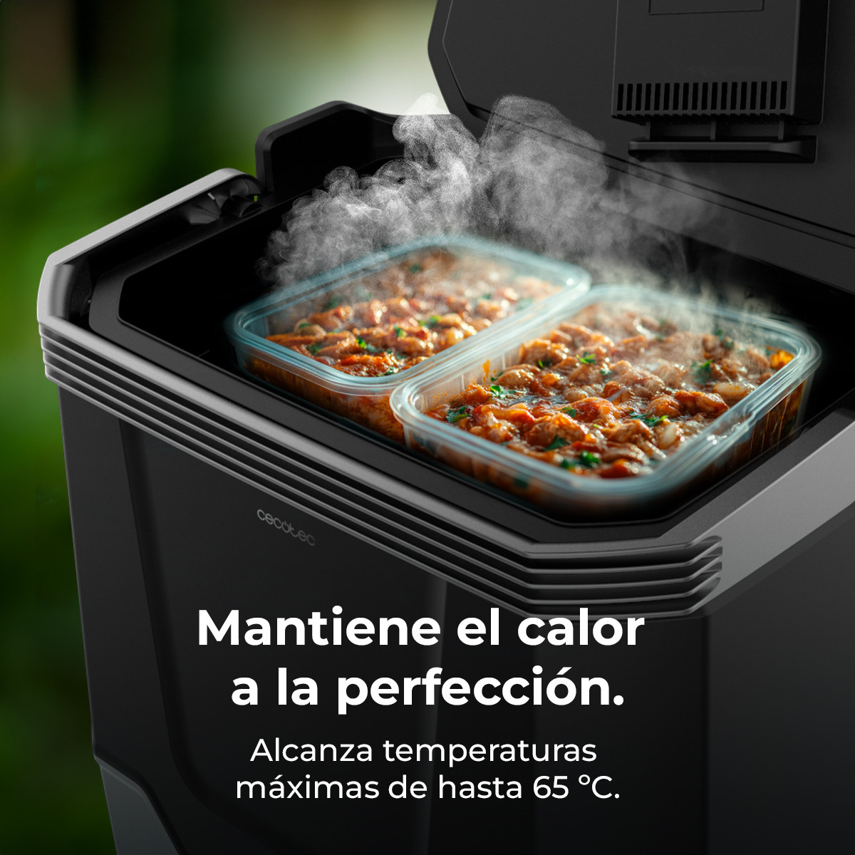 Dos recipientes de comida echando vapor dentro de un aparato negro al aire libre.
