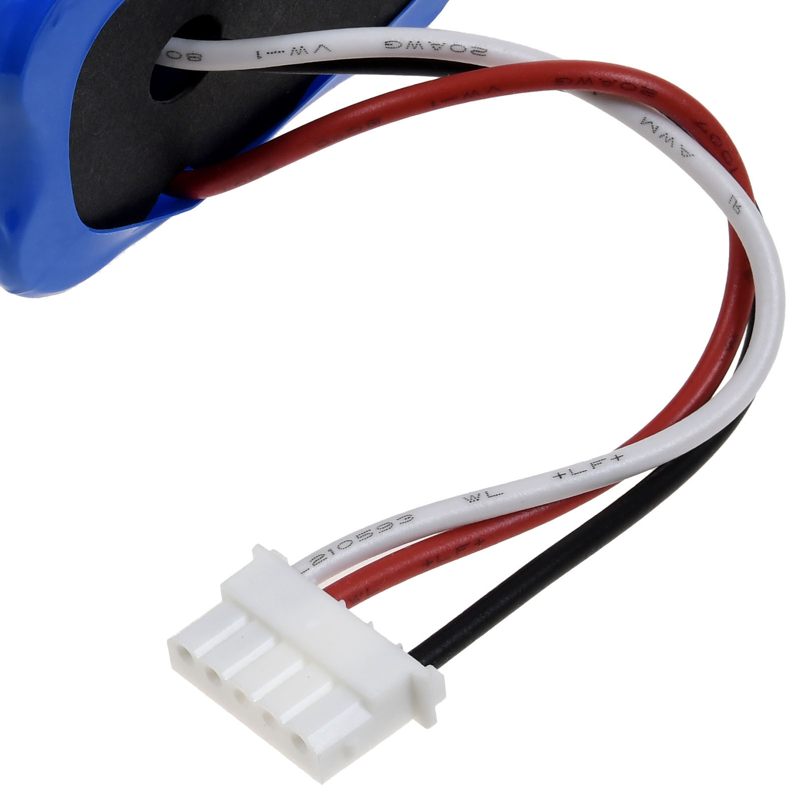 Blauer Akku mit schwarzen, roten und weißen Kabeln, die in einen weißen Stecker führen.