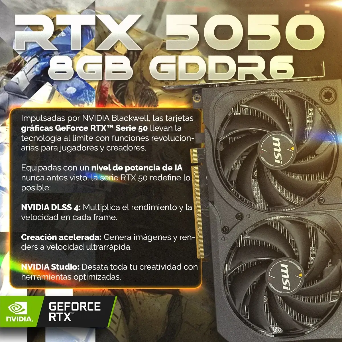 Scheda grafica RTX 5050 8GB GDDR6 con due ventole. Testo sulle prestazioni AI.
