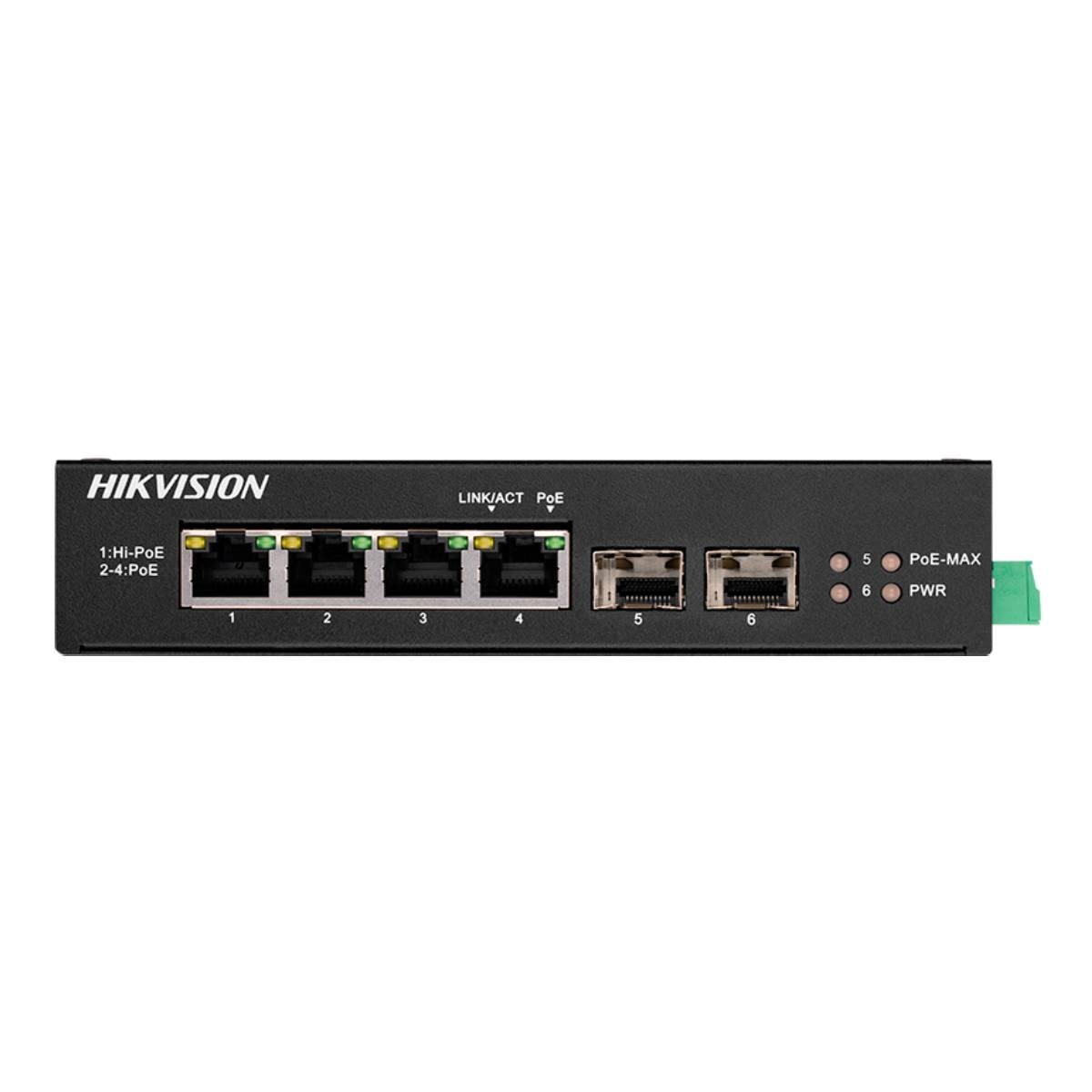 LED'li siyah Hikvision PoE anahtarı, 6 portlu.