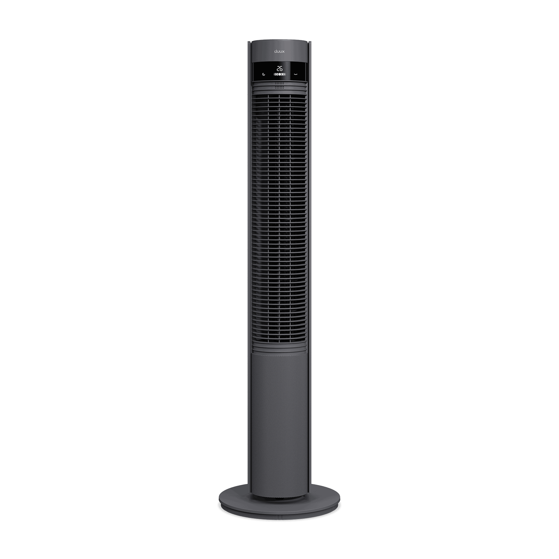 Ein grauer Turmventilator mit schwarzem Display steht auf einem runden Sockel.