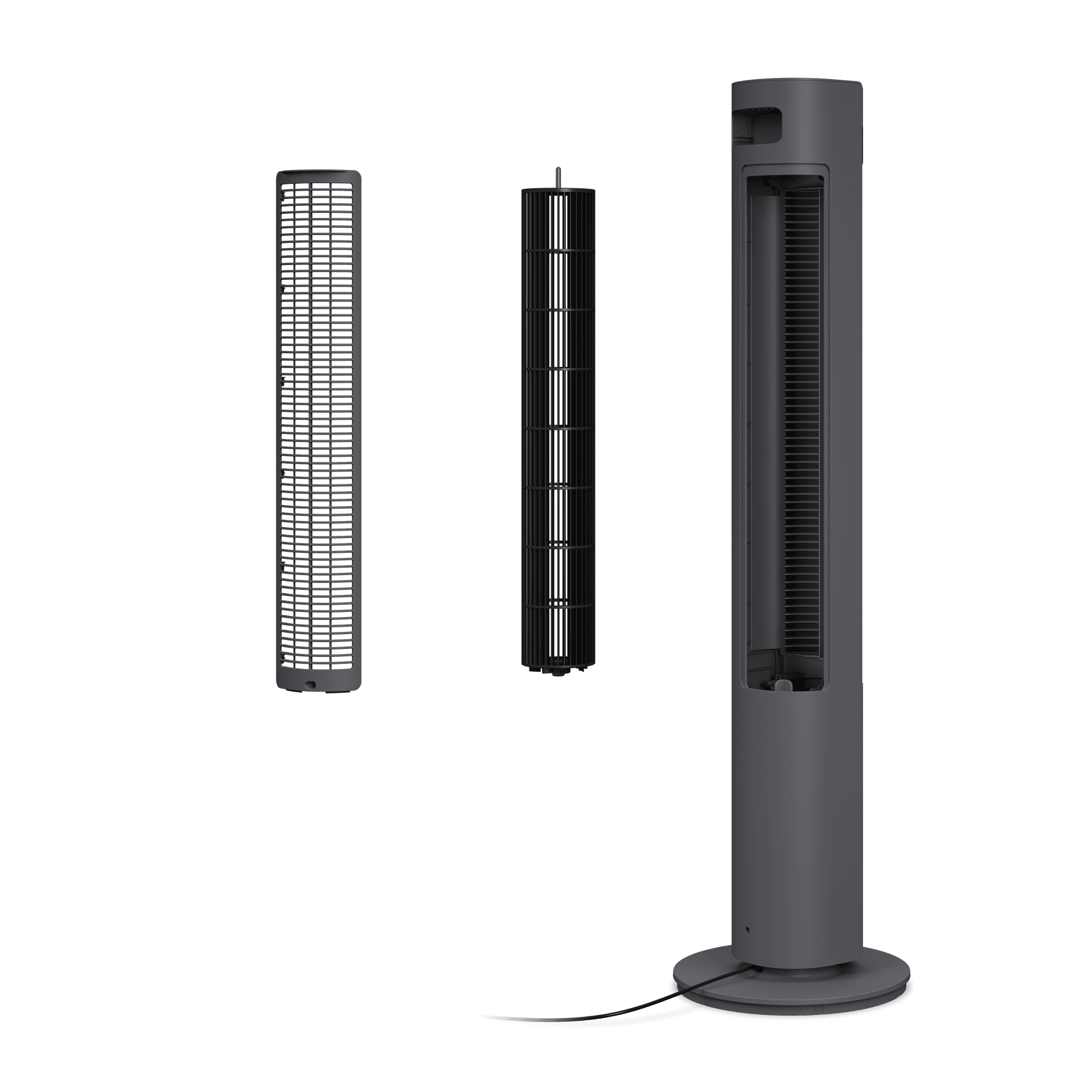 Ein grauer Turmventilator mit abnehmbaren Teilen: Gitter und Rotor.