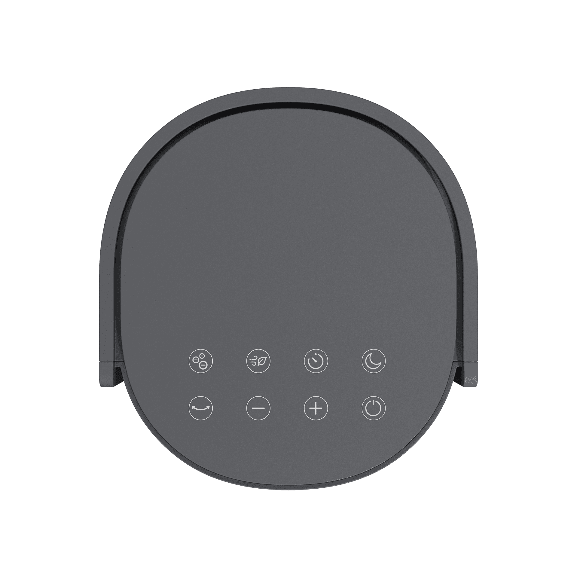 Graues Bedienfeld mit weißen Symbolen: Blasen, Blatt, Uhr, Mond, Pfeil, Minus, Plus, Power.