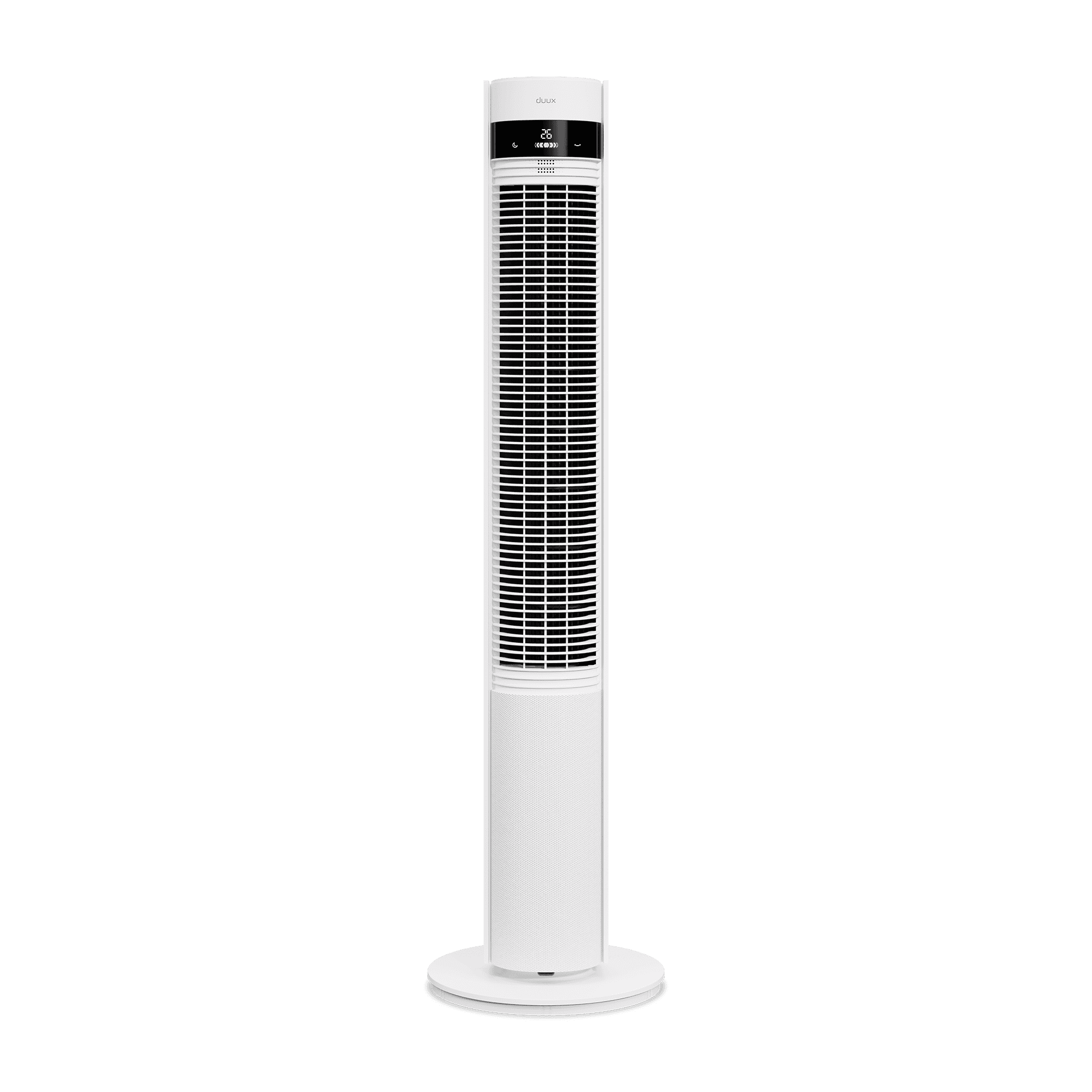 Ein weißer Turmventilator mit digitaler Anzeige und runder Basis.