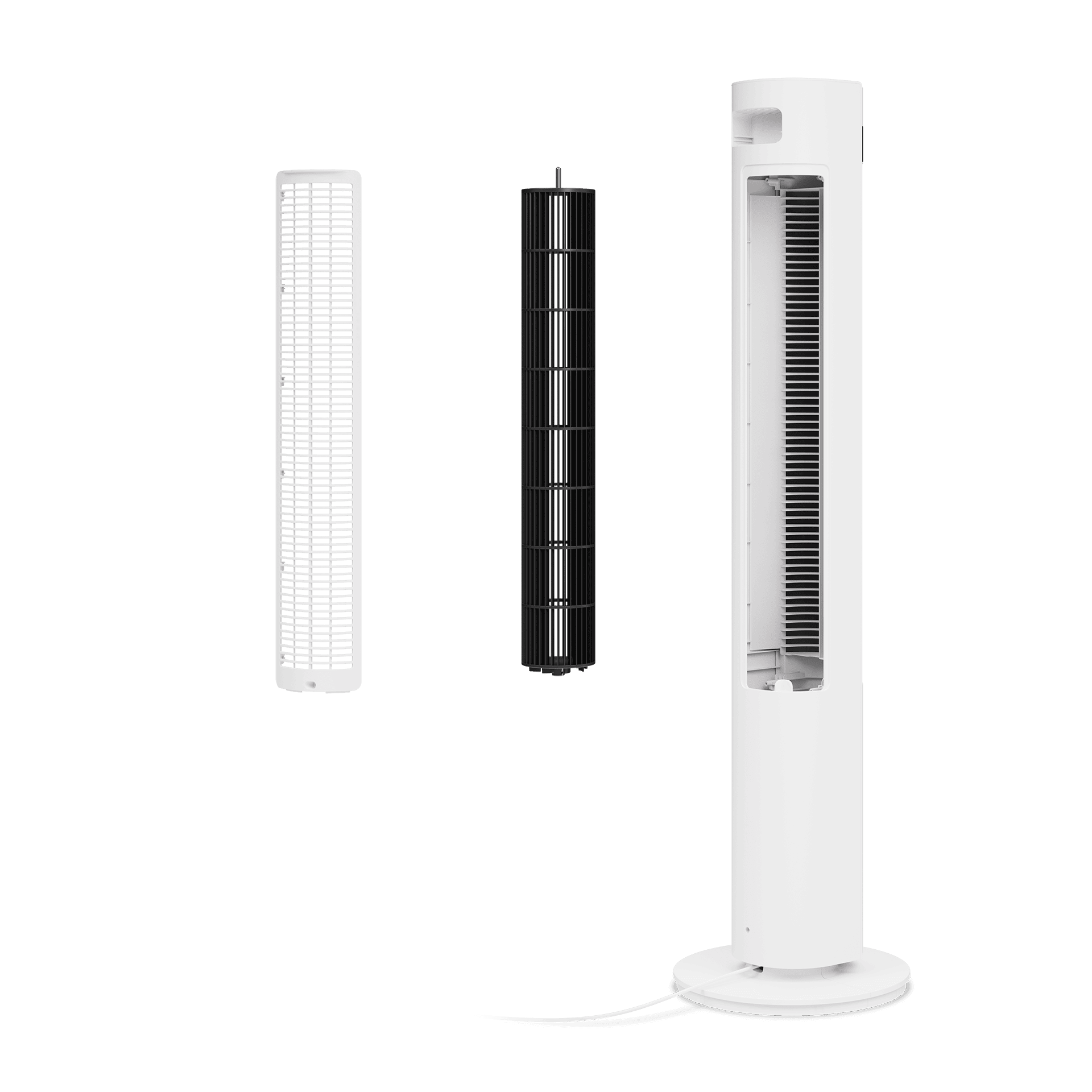 Ein weißer Turmventilator mit abgenommenen Teilen: Hülle, Rotor und Gitter.