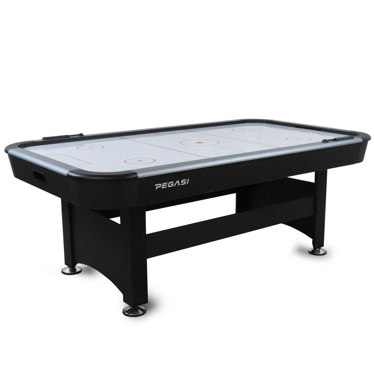 Zwarte airhockeytafel met rode markeringen op wit speelveld.
