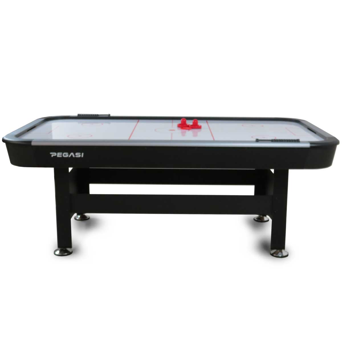 Een zwarte airhockeytafel met rode paddles, tegen een witte achtergrond.