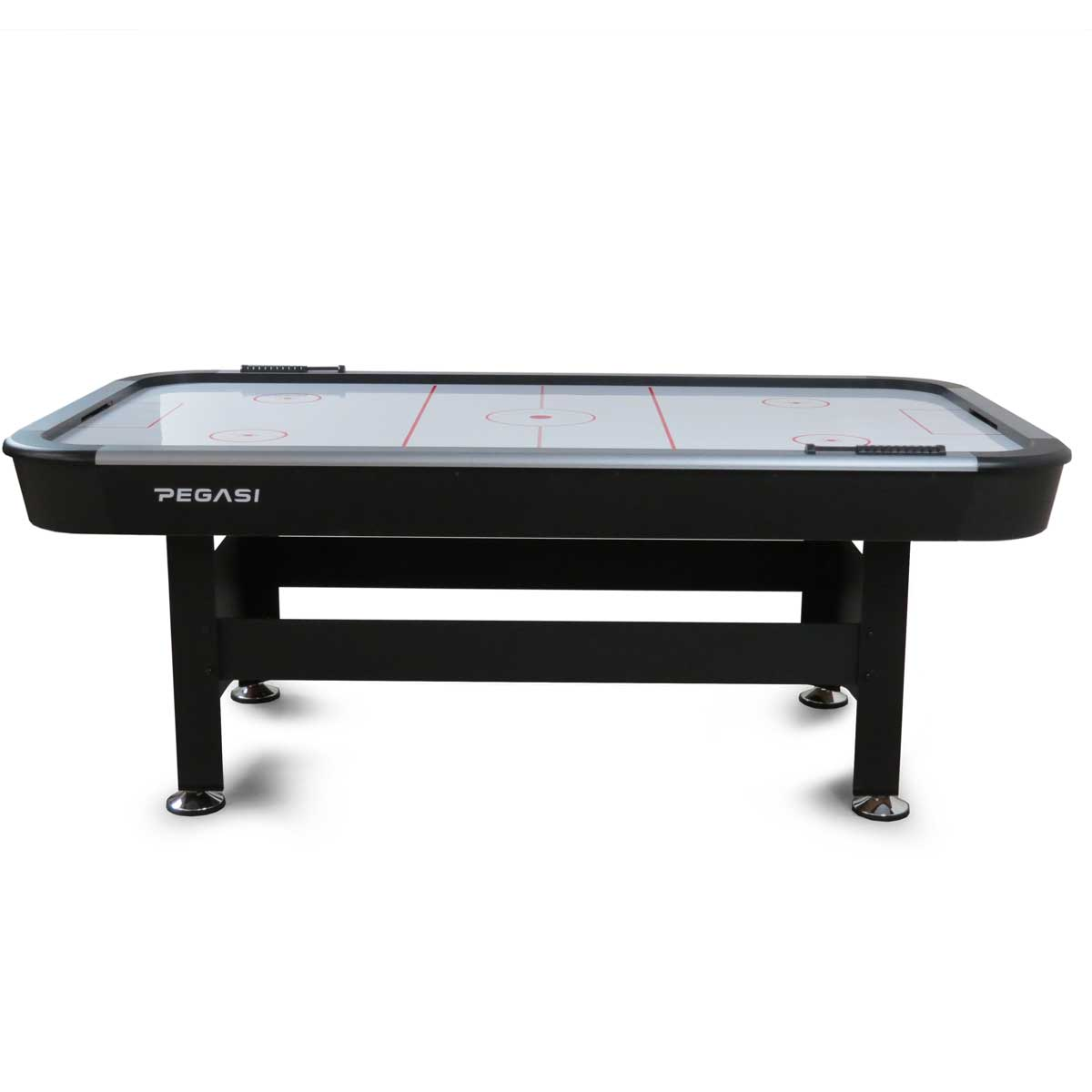 Een zwarte airhockeytafel met rode lijnen en cirkels op een wit oppervlak.