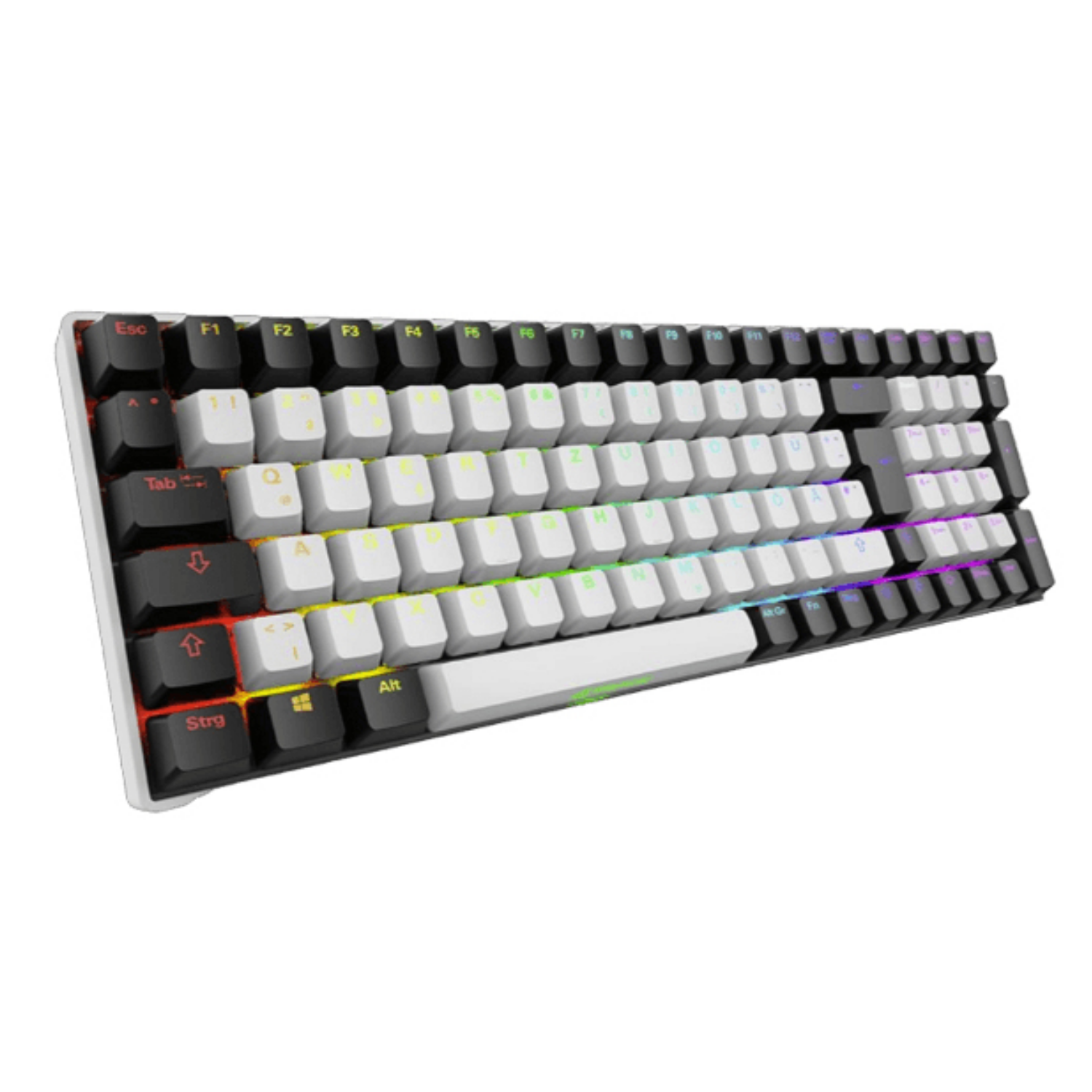 Una tastiera bianca e nera con retroilluminazione RGB.