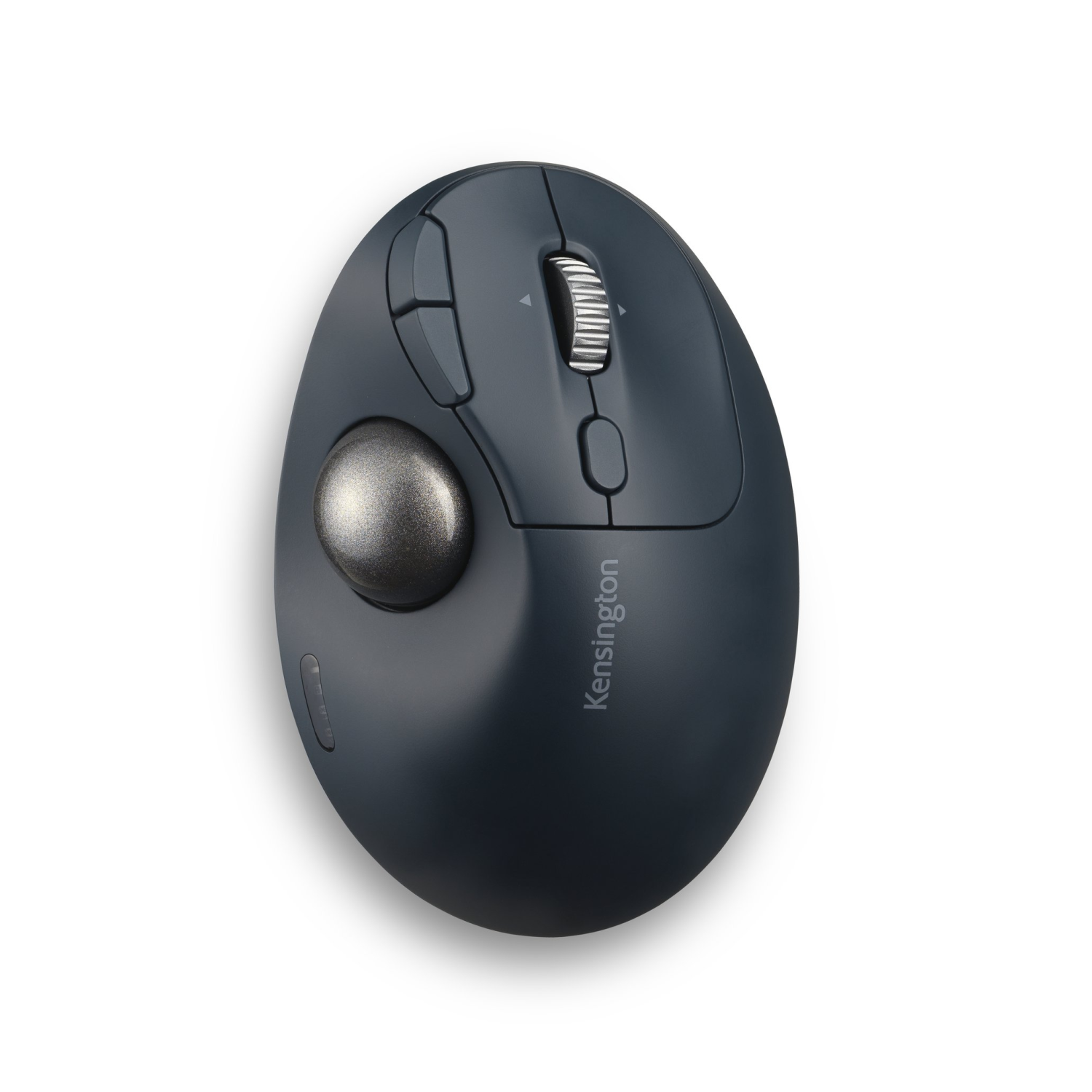 Dark gray trackball mouse with silver scroll wheel and Kensington logo.