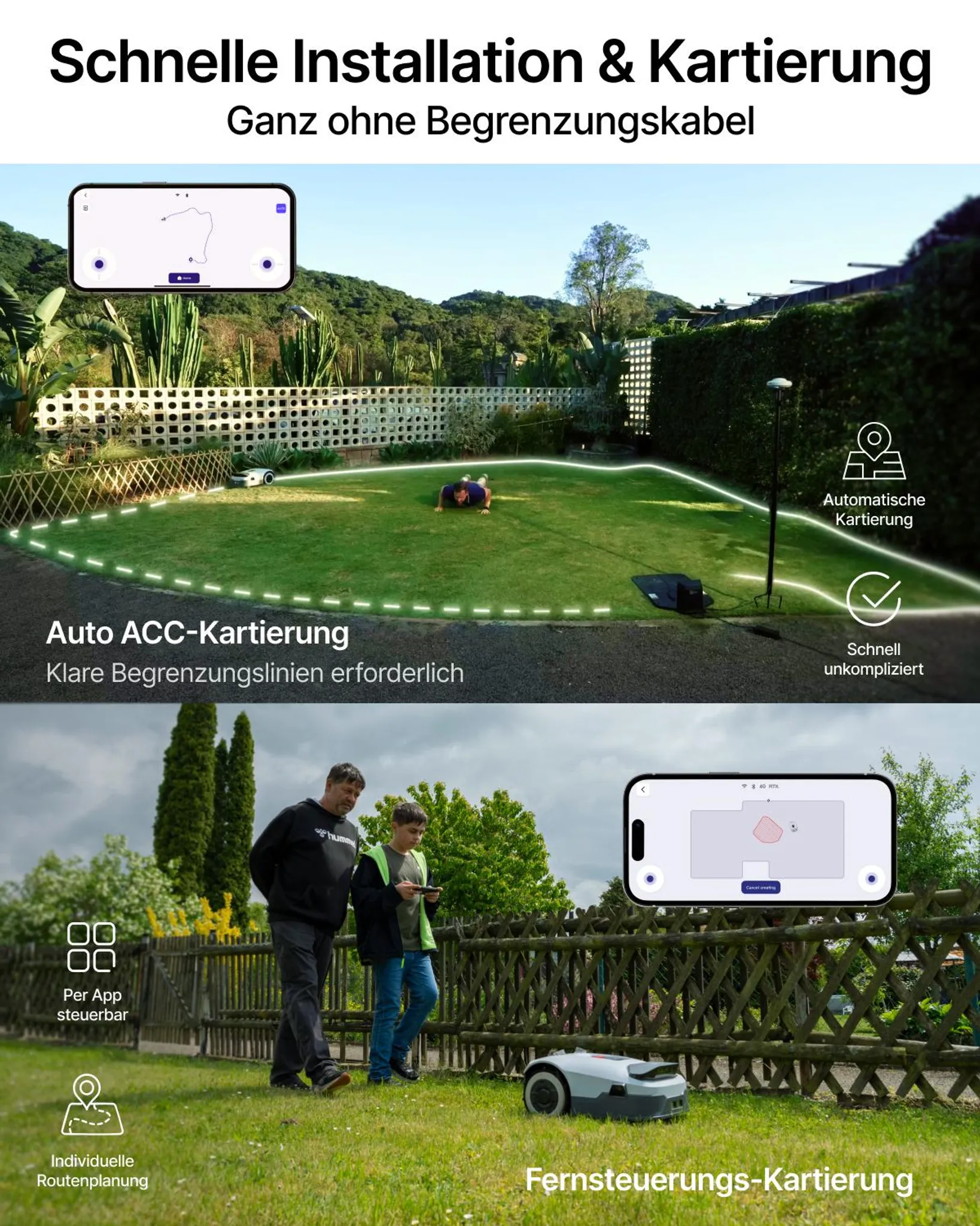 Kosiarka robotyczna z kontrolą aplikacji i funkcją mapowania na trawniku.