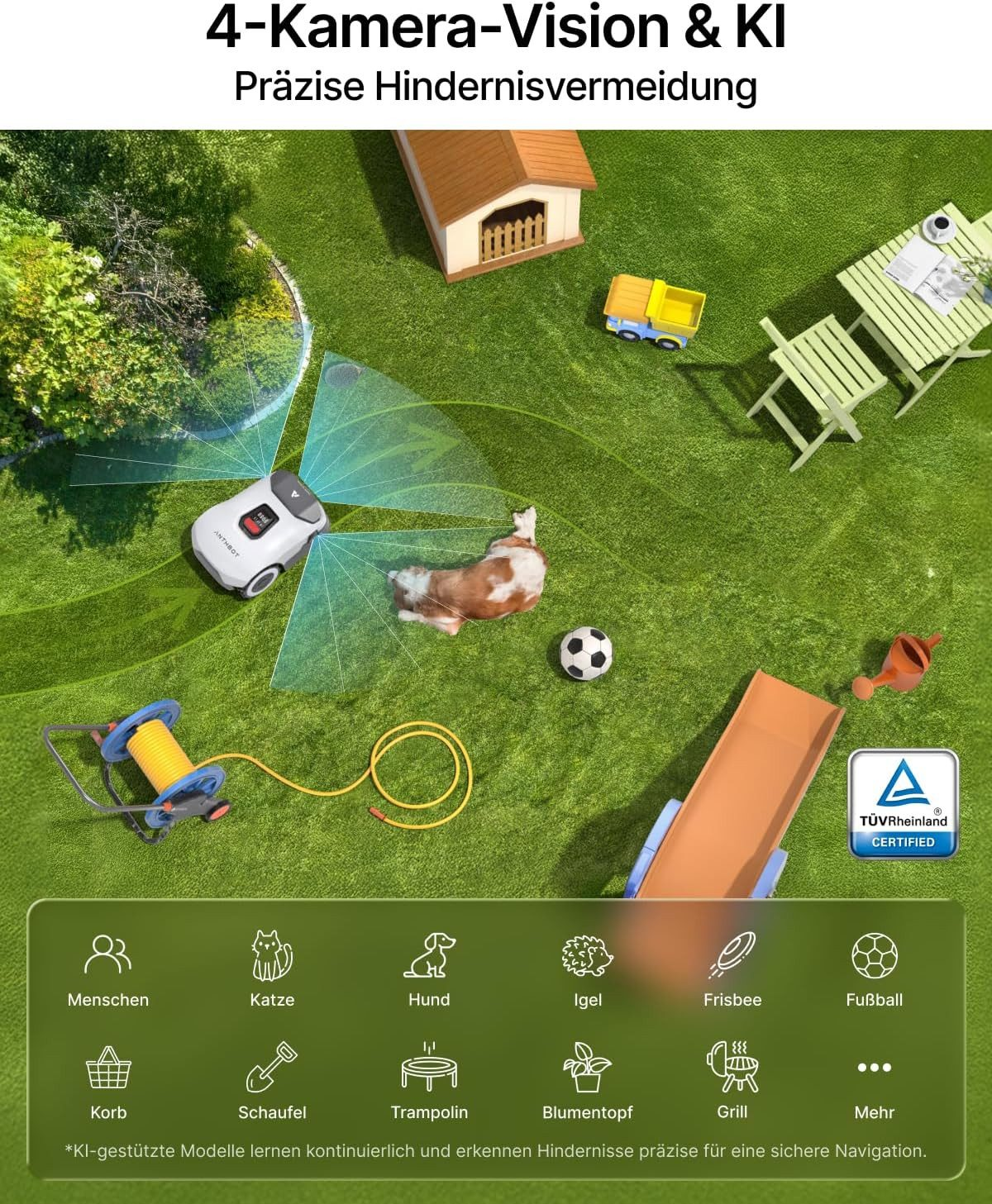 Kosiarka robotyczna z wizją kamery AI, pies, zabawki, meble ogrodowe.